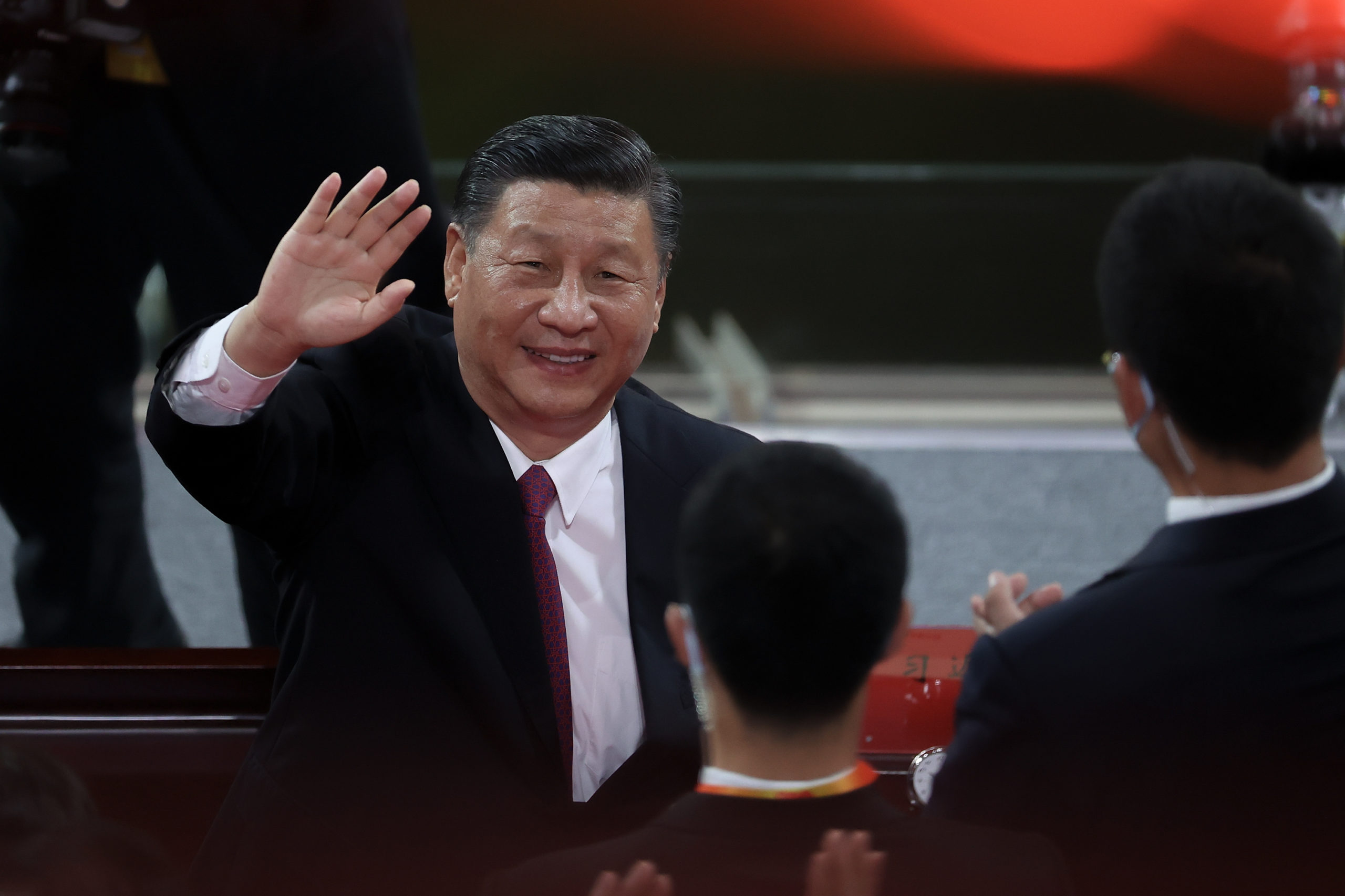 BEIJING, CHINA - JUNE 28: Chinese President Xi Jinping waves as he attends the art performance celebrating the 100th anniversary of the Founding of the Communist Party of China on June 28, 2021 in Beijing, China. Ahead of the 100th anniversary of the party founding on July 1. Final preparations for events to mark the anniversary are under way in the Chinese capital. (Photo by Lintao Zhang/Getty Images)