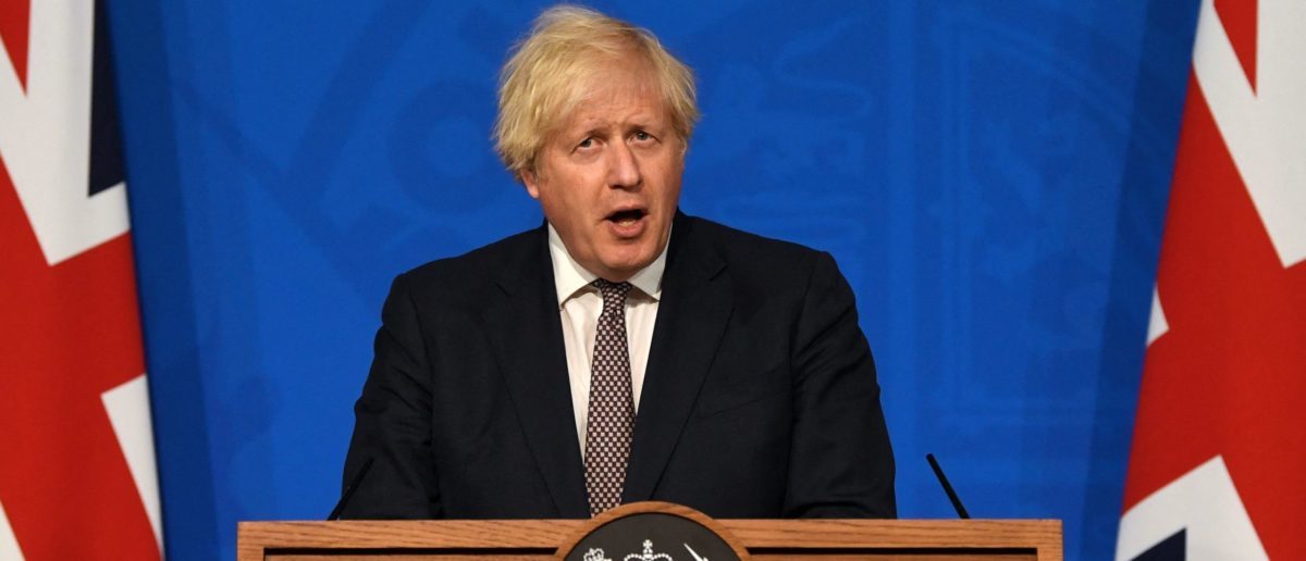 Prime Minister Boris Johnson gives an update on relaxing restrictions imposed on the country during the coronavirus pandemic on Monday. (Daniel Leal-Olivas/Pool/AFP via Getty Images)