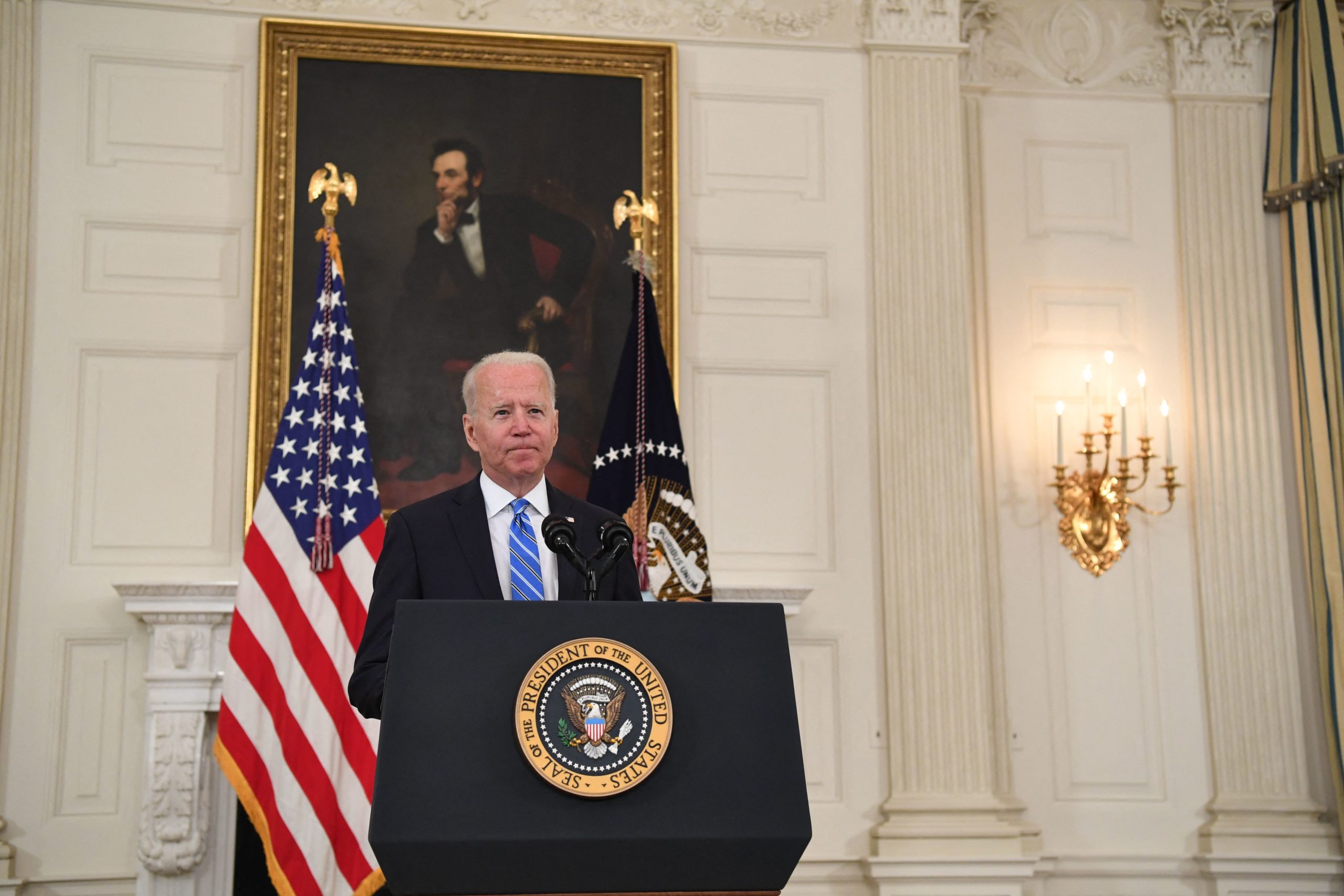 US President Joe Biden speaks about the economy during the Covid-19 pandemic in the State Dining Room of the White House in Washington, DC, July 19, 2021. (Photo by SAUL LOEB / AFP) (Photo by SAUL LOEB/AFP via Getty Images)