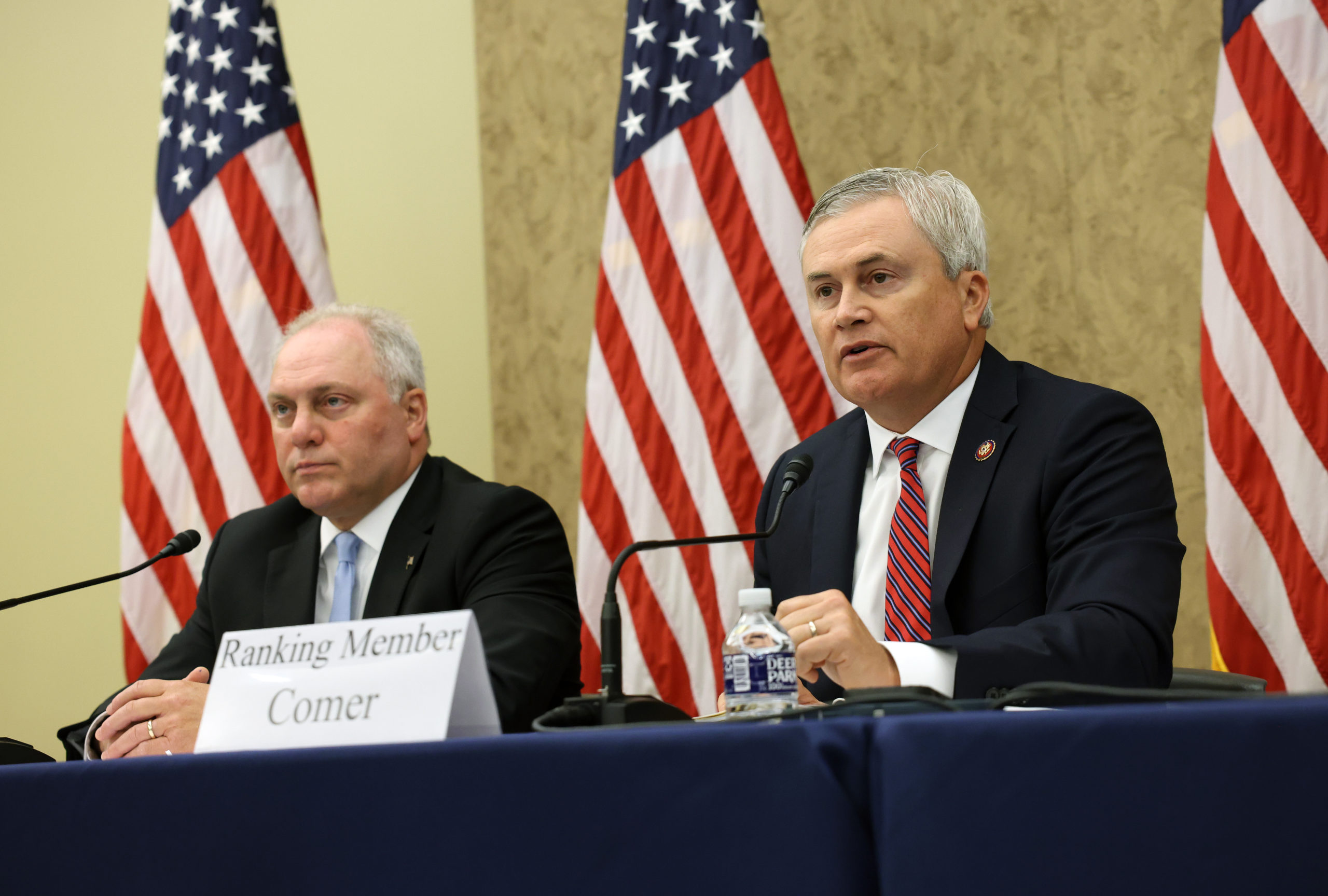 U.S. Rep. James Comer (R) (R-KY) and U.S. Rep. Steve Scalise (R-LA) participate in a Republican-led forum on the origins of the COVID-19 virus at the U.S. Capitol on June 29, 2021 in Washington, DC.(Photo by Kevin Dietsch/Getty Images)