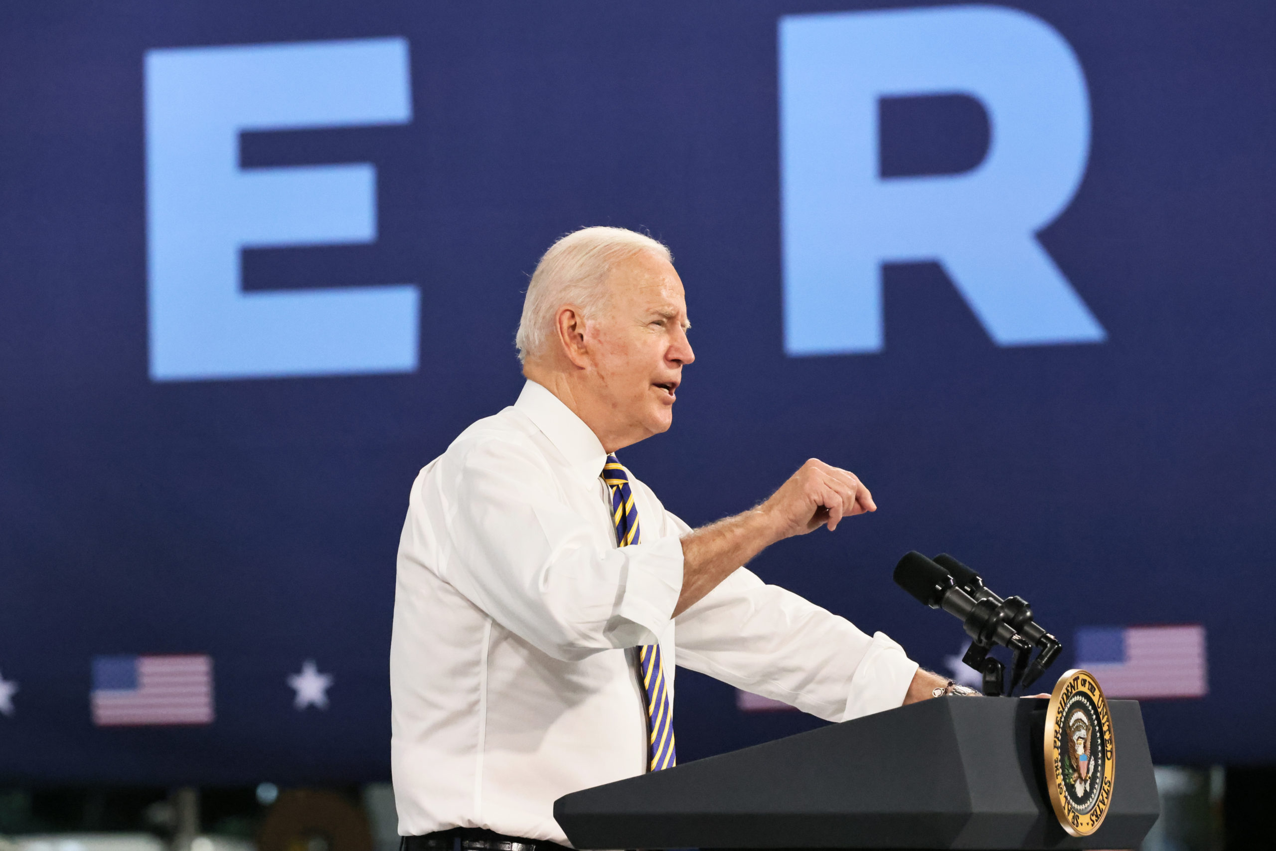 President Joe Biden speaks at a truck facility on Wednesday in Macungie, Pennsylvania. (Michael M. Santiago/Getty Images)