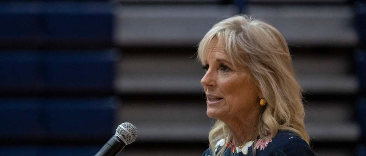 US First Lady Jill Biden speaks at a vaccination facility at Alfred E. Beach High School in Savannah, Georgia, on July 8, 2021. - First Lady Biden will be visiting a vaccination facility in Savannah, Georgia and then will travel to Orlando, Florida to attend the 2021 Scripps National Spelling Bee Finals. (Photo by JIM WATSON/POOL/AFP via Getty Images)
