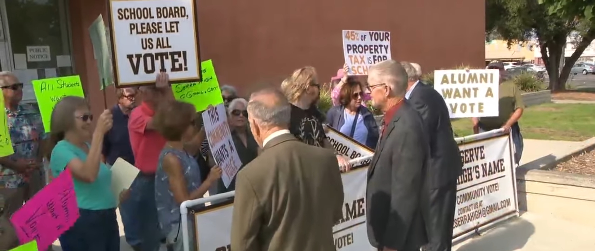 Picture of the rally to stop the changing of Saint Junipero Serra High School. [Youtube:FOX 5 San Diego]