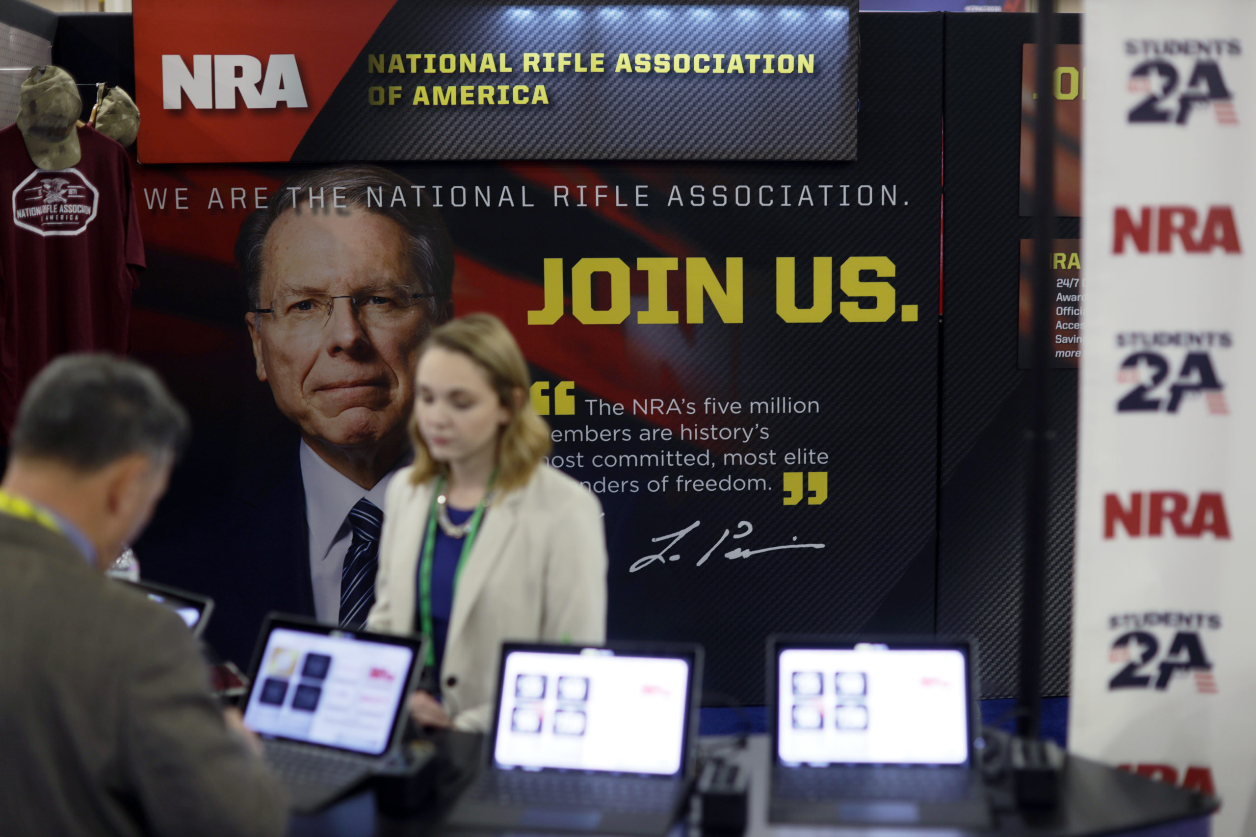 The booth of the National Rifle Association of America is seen at the annual Conservative Political Action Conference at Gaylord National Resort & Convention Center February 26, 2020 in National Harbor, Maryland. (Photo by Alex Wong/Getty Images)