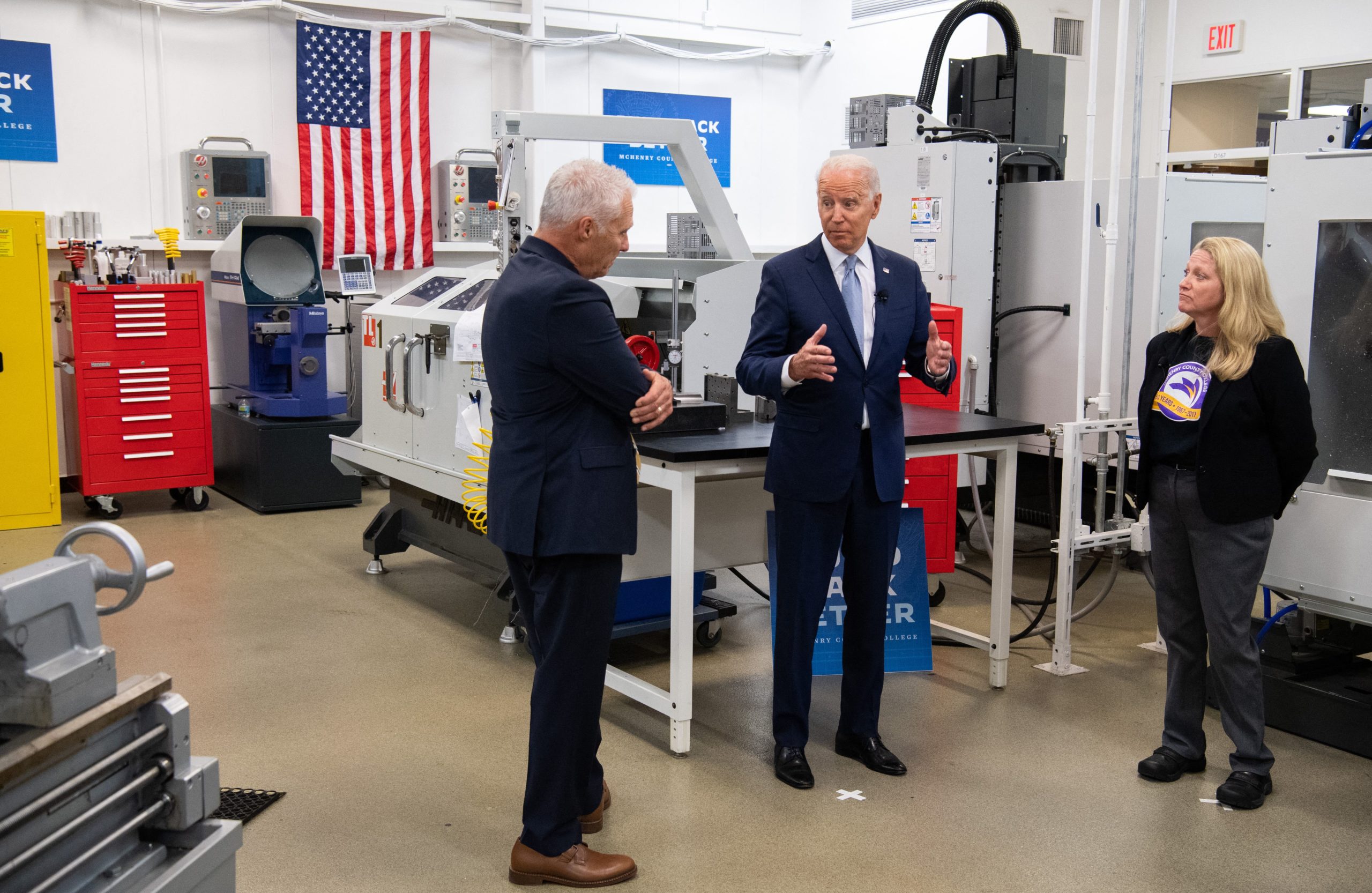 US President Joe Biden tours a manufacturing lab at McHenry County College in Crystal Lake, Illinois, on July 7, 2021. (Photo by SAUL LOEB/AFP via Getty Images)