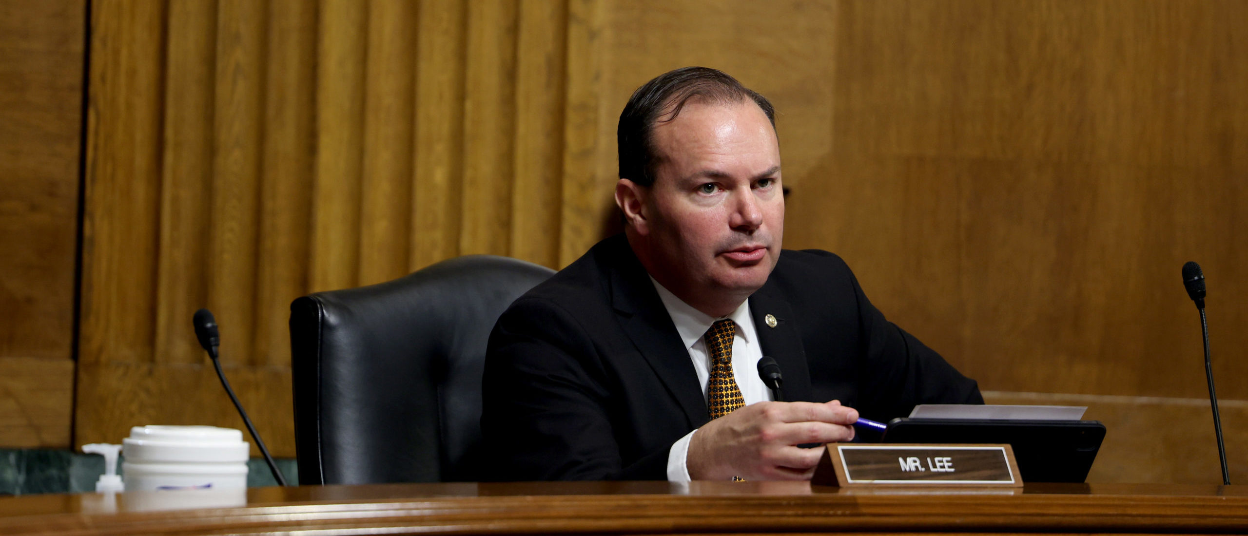 Mike Lee speaks during a hearing. (Photo by Anna Moneymaker/Getty Images)