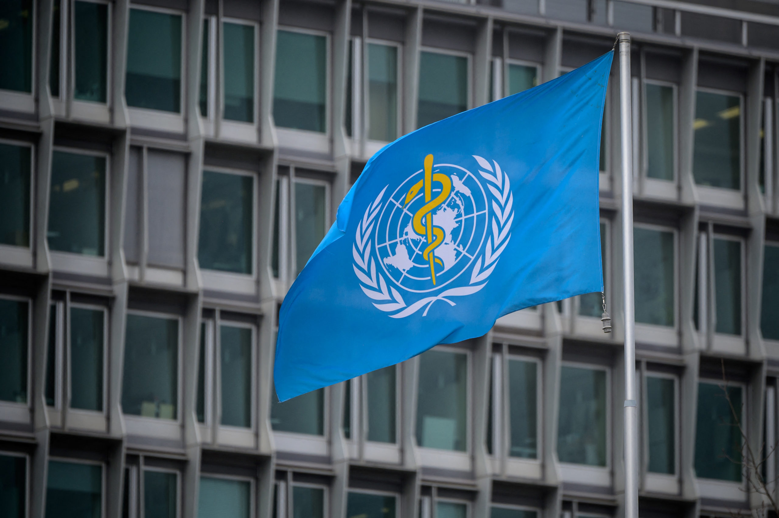 The flag of the World Health Organization (WHO) at their headquarters in Geneva. (Photo by FABRICE COFFRINI/AFP via Getty Images)