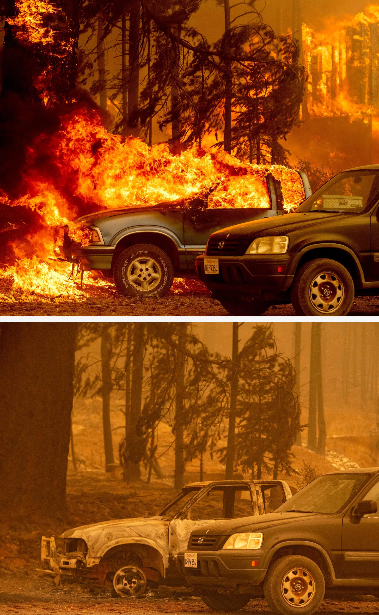 In this photo combination, a before and after series shows a home burning on August 5, 2021 (above) and after it burned (below) on August 6, 2021 during the Dixie fire in Greenville, California. (Photo by JOSH EDELSON/AFP via Getty Images)