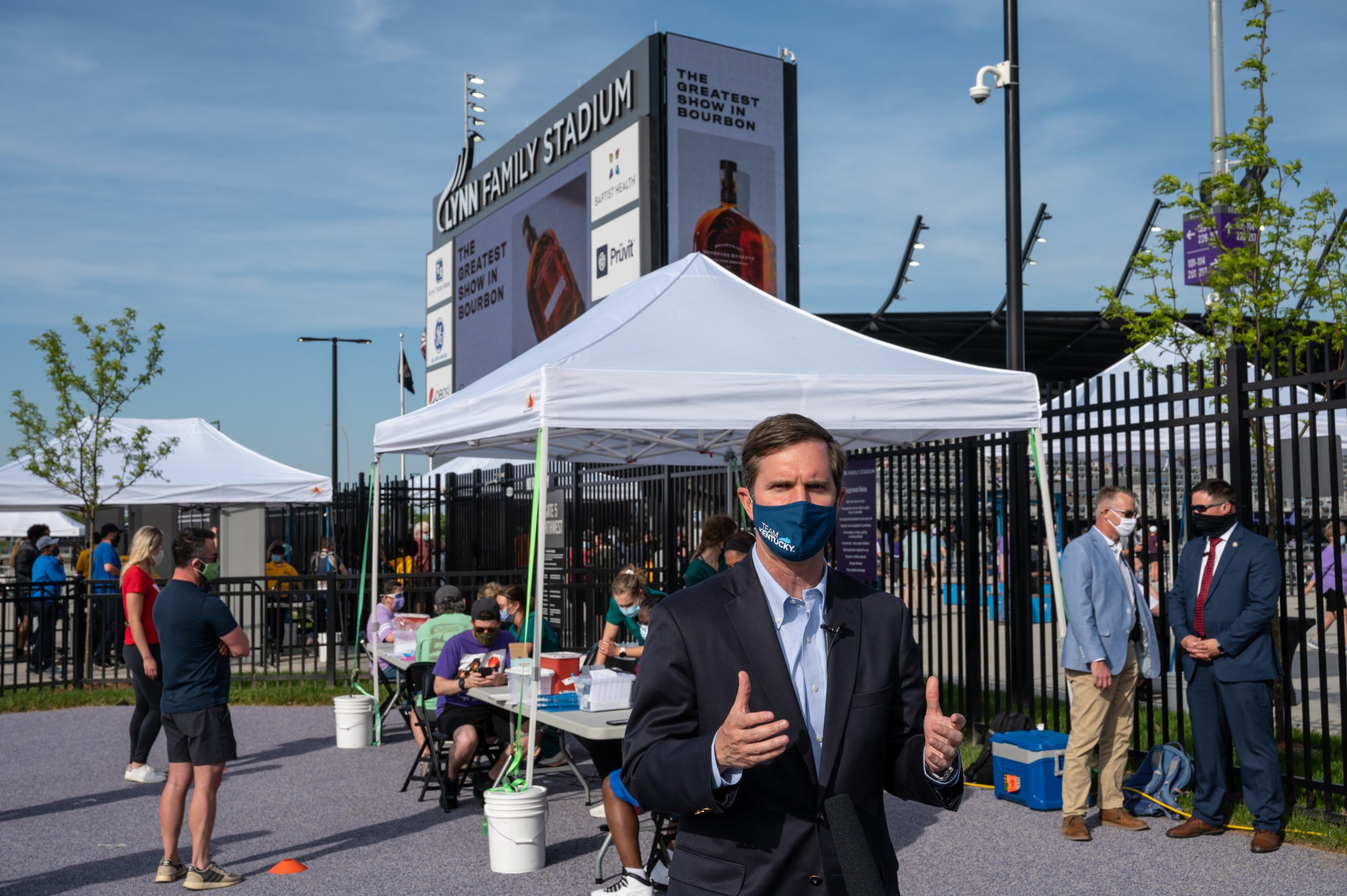 Kentucky Gov. Andy Beshear during a vaccination event at Lynn Family Stadium in April. (Jon Cherry/Getty Images)