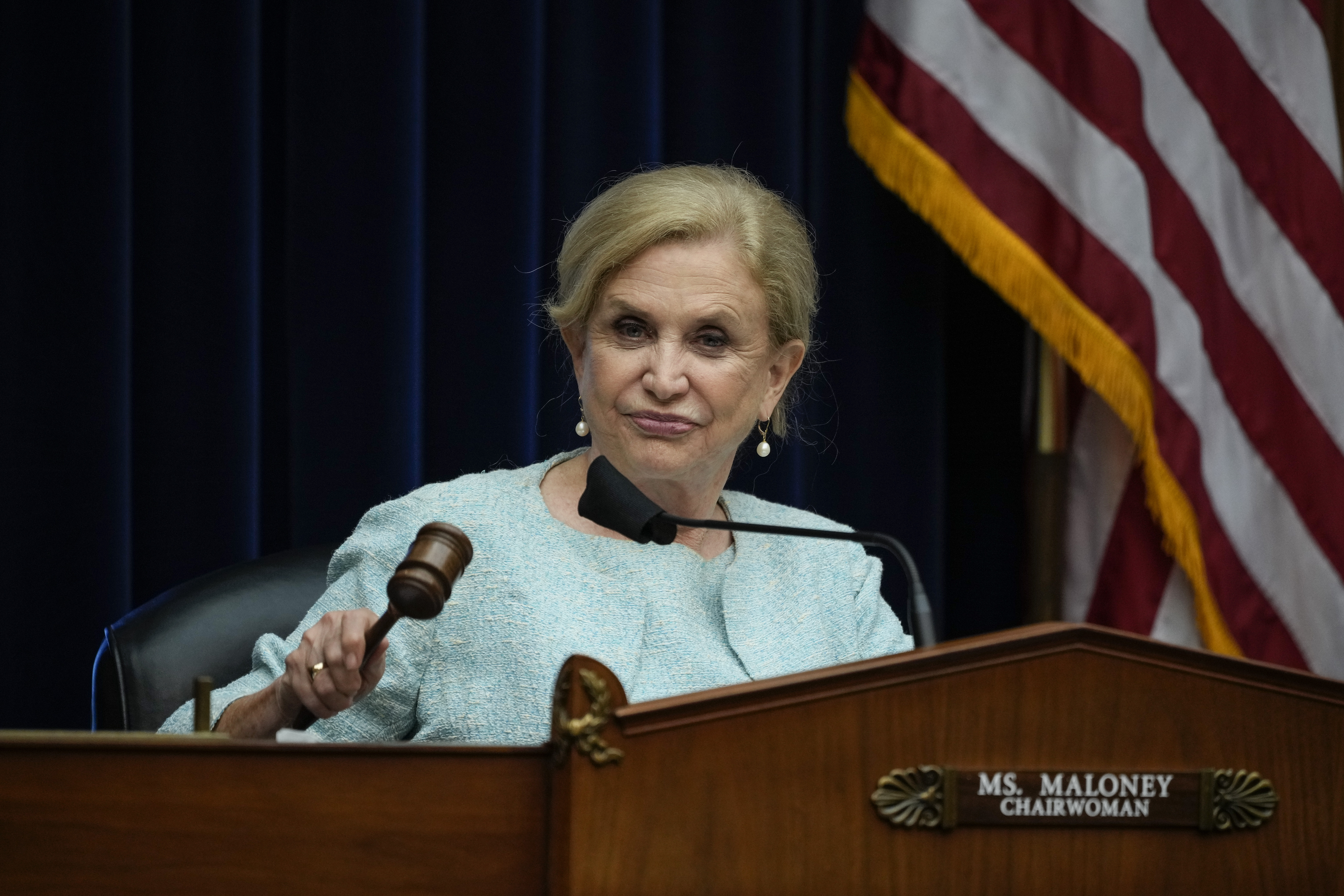 WASHINGTON, DC - JUNE 7: Committee chair Rep. Carolyn Maloney (D-NY) gavels in a hearing of the House Oversight Committee about infant deaths associated with the Rock 'n Play Sleeper sold by Fisher-Price, a subsidiary of Mattel, on Capitol Hill June 7, 2021 in Washington. A House Oversight Committee report released on Monday stated that Fisher-Price ignored safety issues with their Rock 'n Play sleeper. Over the past ten years, the product has been linked more than 30 infant deaths. (Photo by Drew Angerer/Getty Images)