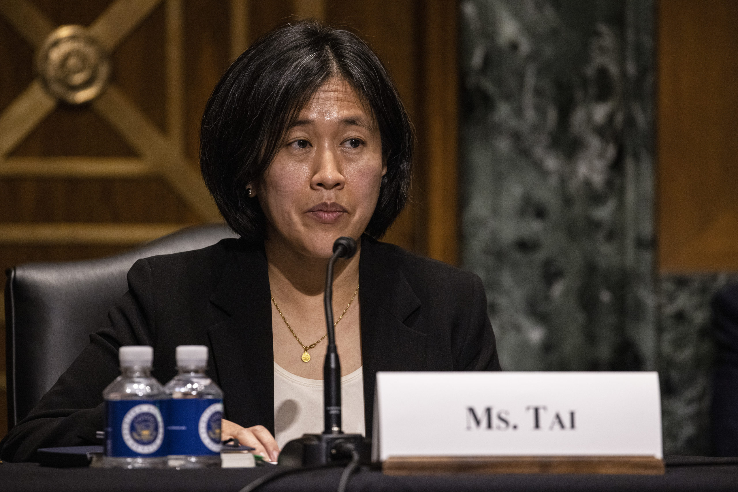U.S. Trade Representative Katherine Tai speaks during a Senate hearing on Feb. 25. (Tasos Katopodis/Getty Images)