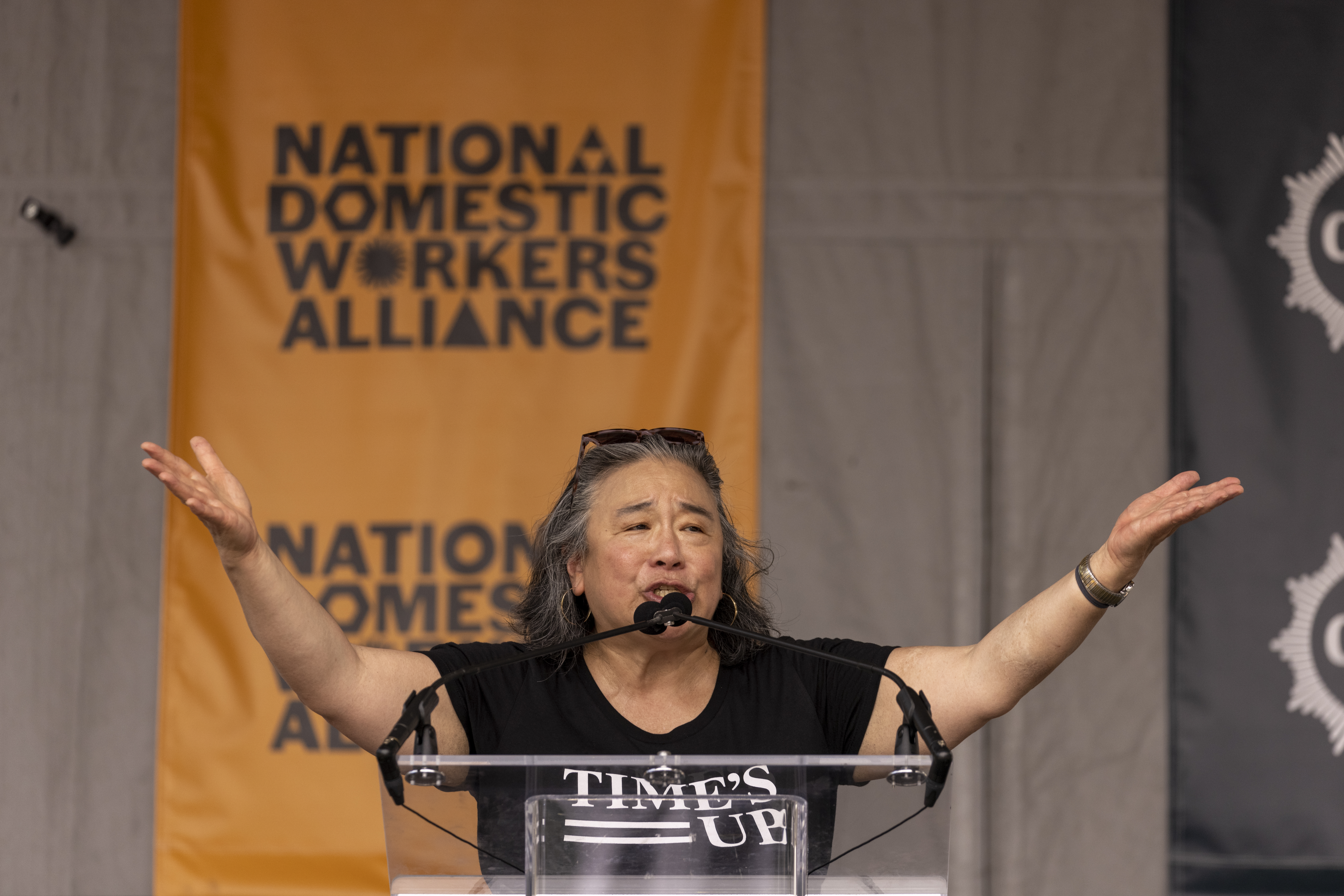 WASHINGTON, DC - JULY 13: Tina Tchen, speaks at Freedom Plaza on July 13, 2021 in Washington, DC. Thousands of care workers marched from the National Mall near the US Capitol, down to Freedom Plaza to rally for workers’ rights and fair pay. (Photo by Tasos Katopodis/Getty Images for Care Can't Wait)