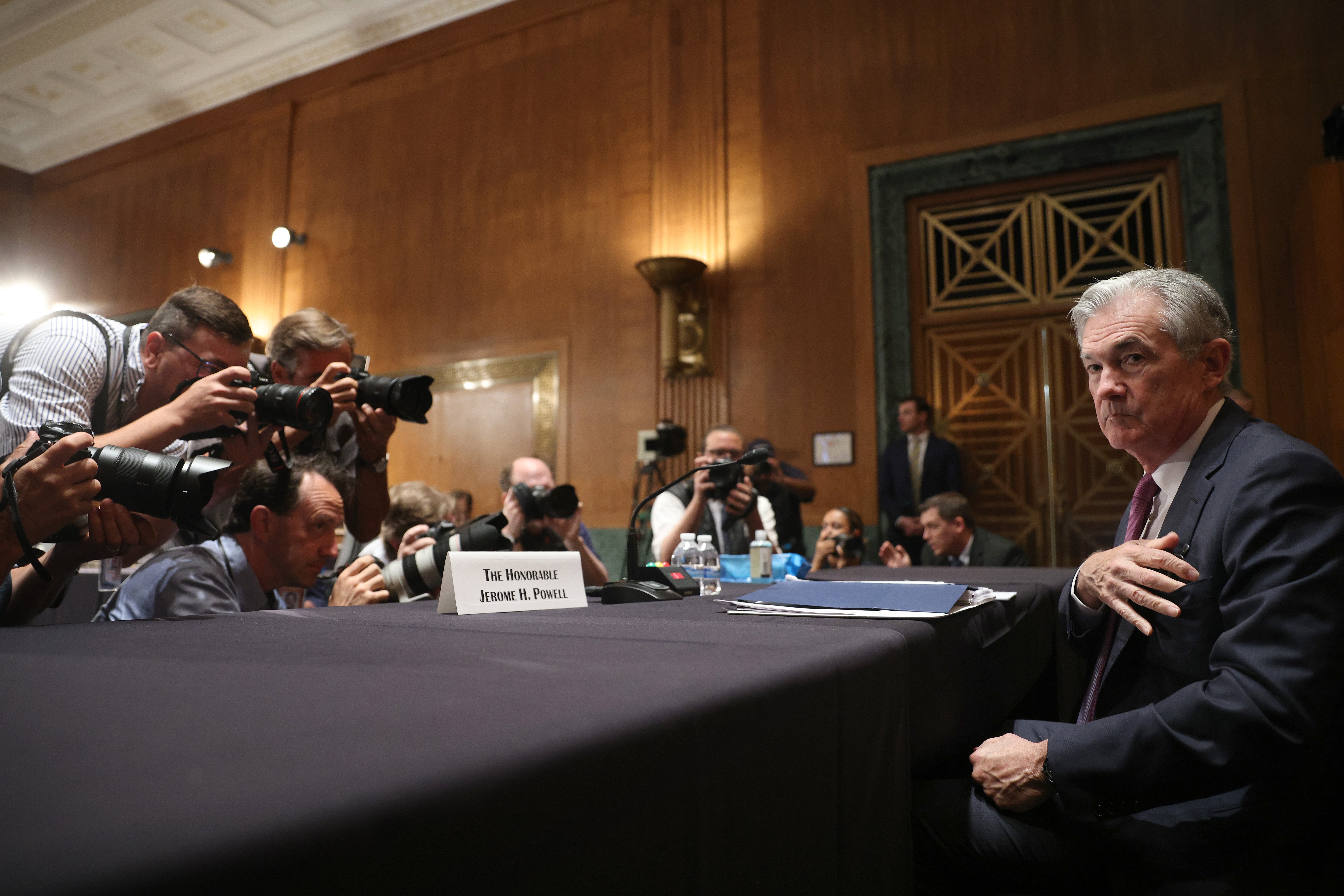 Federal Reserve Board Chairman Jerome Powell appears for a Senate Banking Committee hearing on July 15. (Win McNamee/Getty Images)