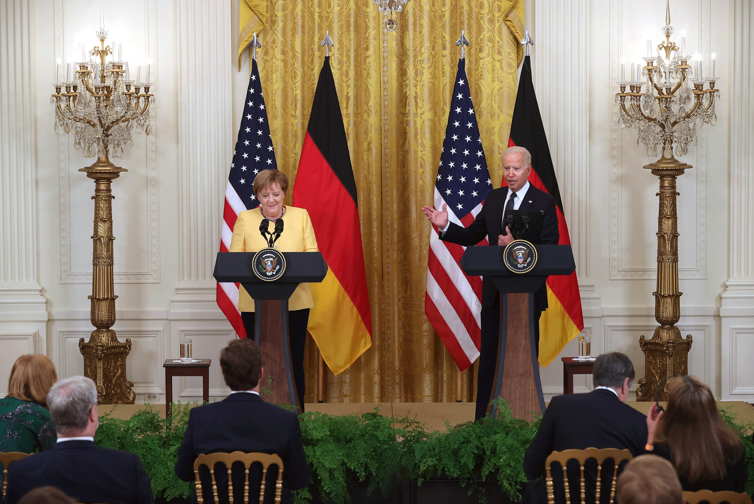 German Chancellor Angela Merkel and President Joe Biden hold a joint news conference on July 15. (Chip Somodevilla/Getty Images)