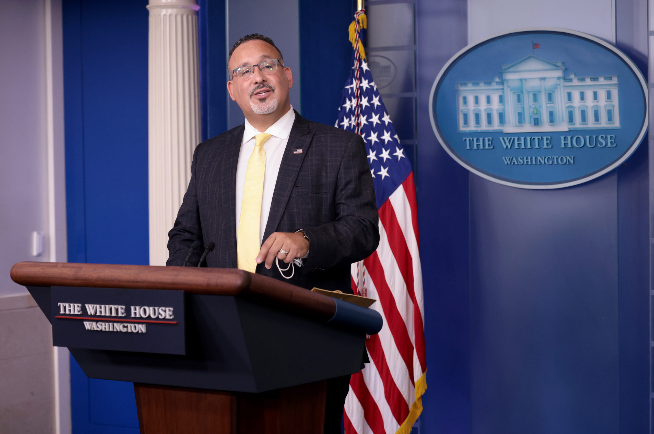 Secretary of Education Miguel Cardona answers questions during a briefing at the White House on Aug. 5. (Win McNamee/Getty Images)