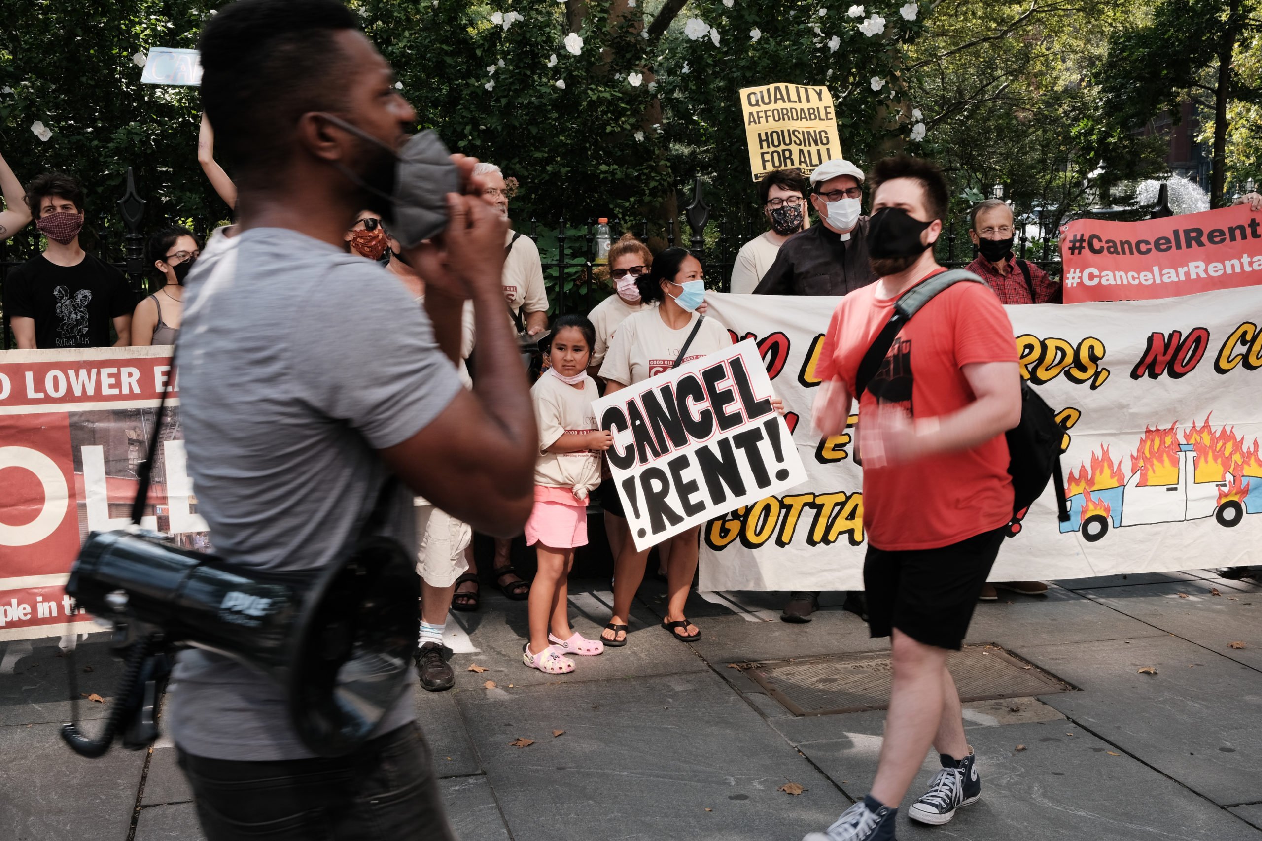 Activists hold a protest against evictions near on Aug. 11 in New York City. (Spencer Platt/Getty Images)