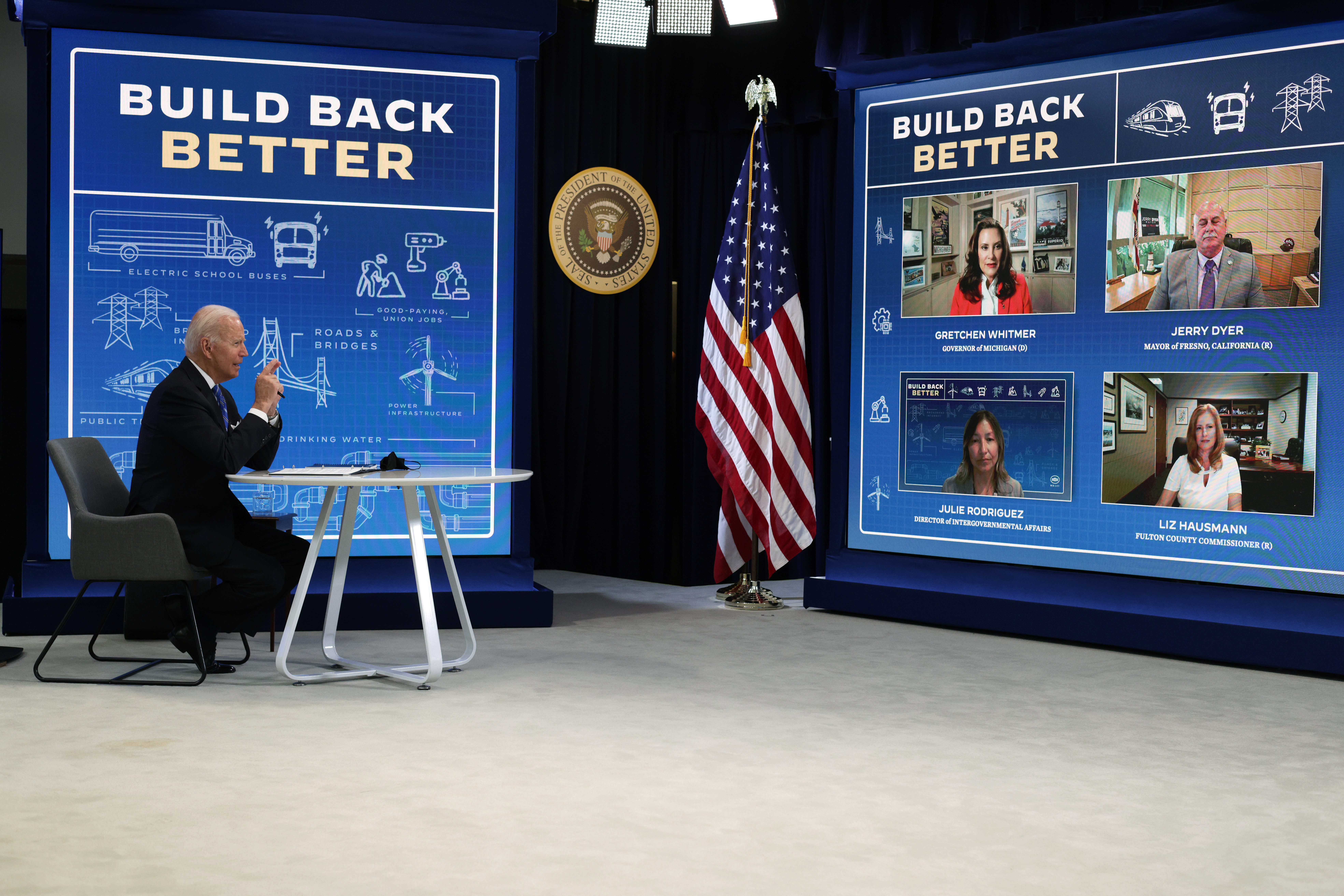 President Joe Biden speaks during a virtual meeting about his economic agenda with local officials on Wednesday. (Alex Wong/Getty Images)