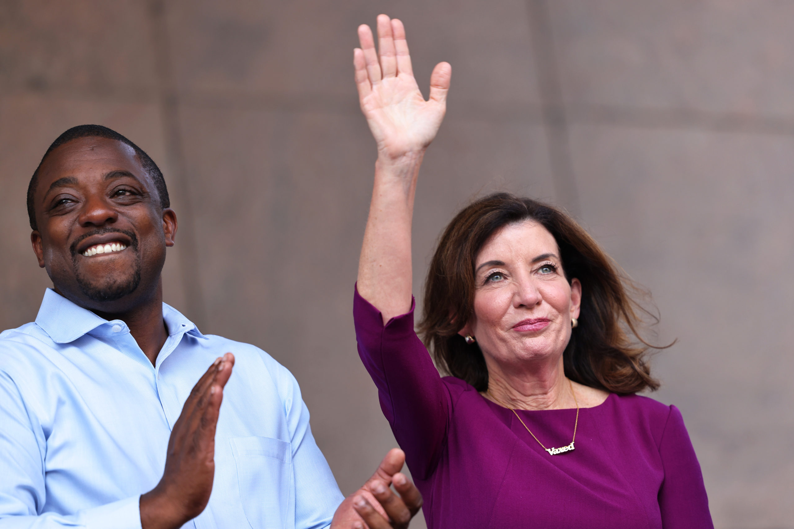 State Senator Brian Benjamin and Gov. Kathy Hochul celebrate during a press conference announcing State Senator Brian Benjamin as Lt. Governor on August 26, 2021 in New York City.  (Photo by Michael M. Santiago/Getty Images)