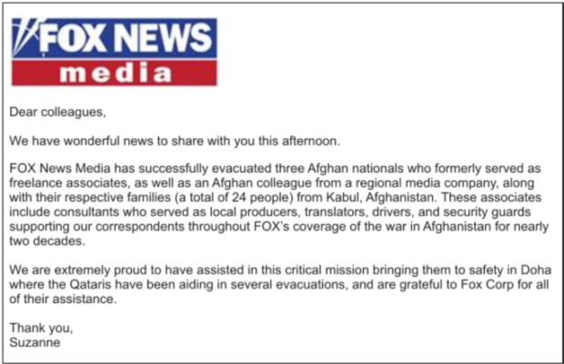 Fox News Announces Evacuation of Three Afghan Nationals