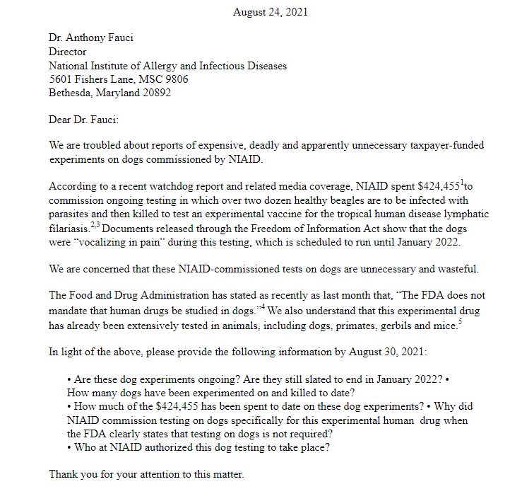 A letter from Congressional Republicans to Dr. Anthony Fauci demanding answers on abusive animal testing being conducted by NIAID. (Daily Caller/White Coat Waste Project)