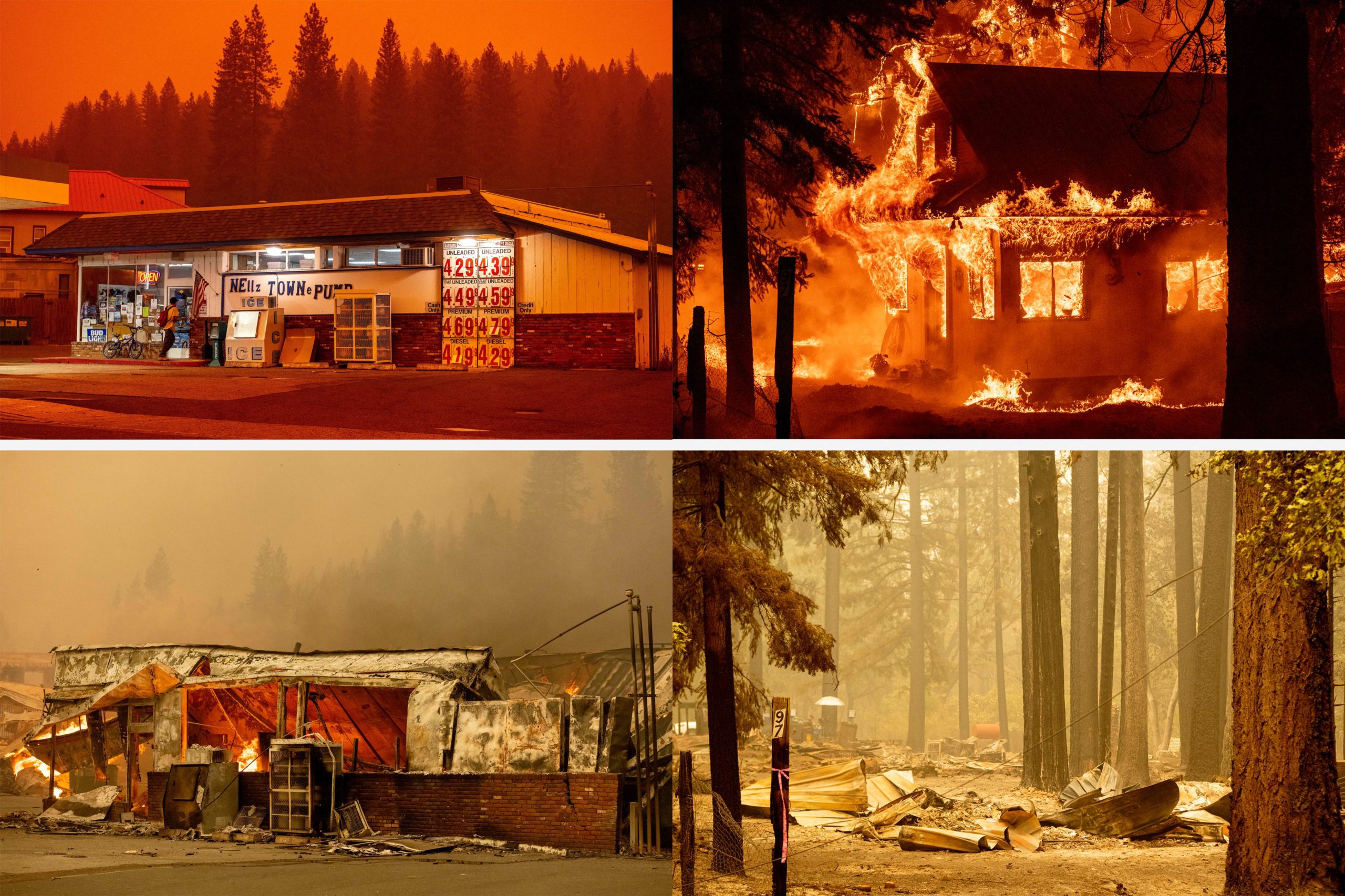 In this photo combination, a before and after series shows (Above L) a gas station market before it burned on July 23, 2021 and (Bottom L) while it burned on August 4, 2021 during the Dixie fire in Greenville, California, and (Above R) a home is seen burning on July 24, 2021 and (Bottom R) the remains are seen two days later on July 26, 2021 during the Dixie fire in the Indian Falls neighborhood of unincorporated Plumas County.(Photo by JOSH EDELSON/AFP via Getty Images)