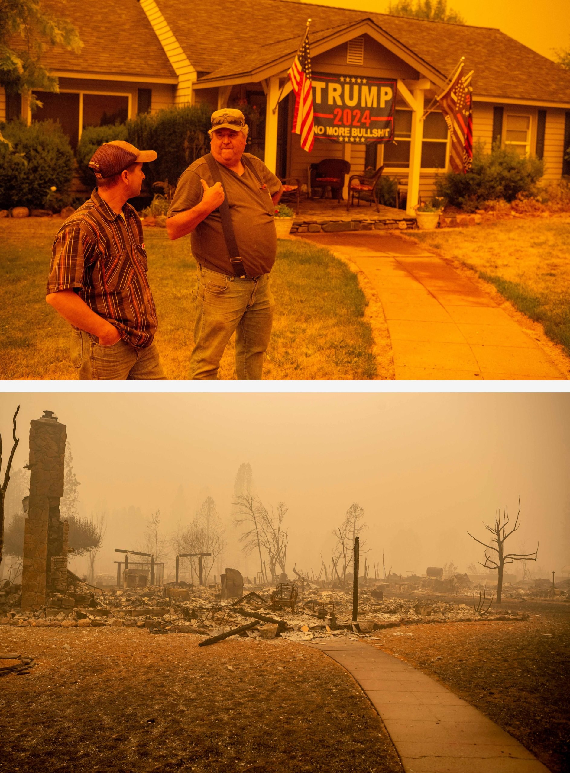 In this photo combination, a before and after series shows homeowner Jerry Whipple (R) speaking to a neighbor about ignoring a mandatory evacuation order in front of his home on July 23, 2021, and after it burned on August 7, 2021 during the Dixie fire in Greenville, California. (Photo by JOSH EDELSON/AFP via Getty Images)