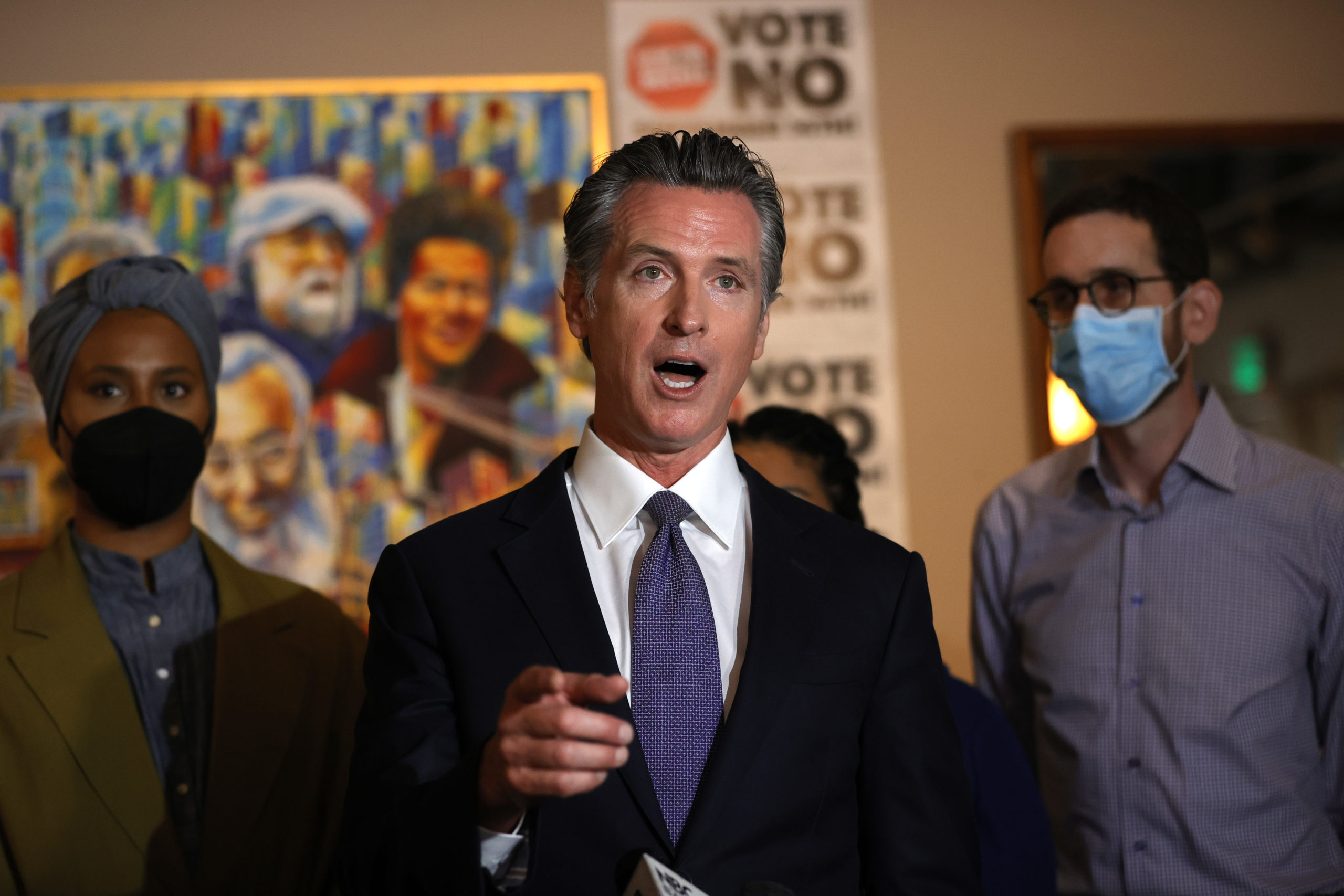 California Gov. Gavin Newsom speaks during a news conference at Manny's on August 13, 2021 in San Francisco, California. California Gov. Gavin Newsom kicked off his "Say No" to recall campaign as he prepares to face a recall election on September 14. (Photo by Justin Sullivan/Getty Images)