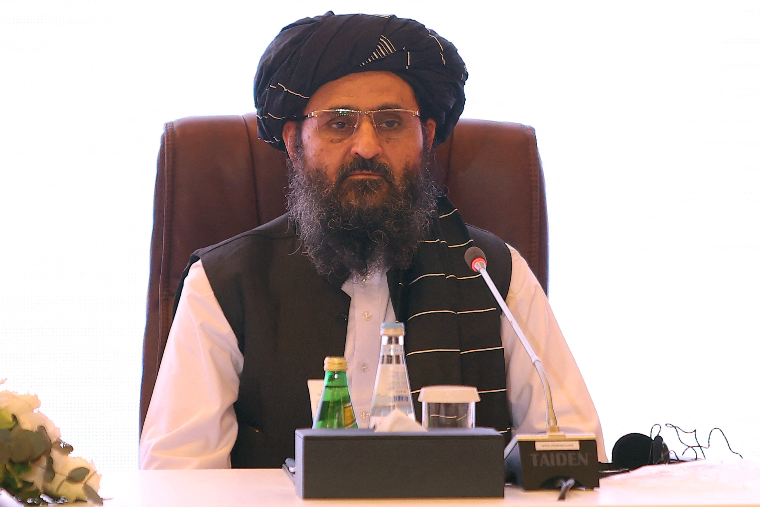 The leader of the Taliban negotiating team Mullah Abdul Ghani Baradar looks on during the final declaration of the peace talks between the Afghan government and the Taliban is presented in Qatar's capital Doha on July 18, 2021. (Photo by KARIM JAAFAR/AFP via Getty Images)