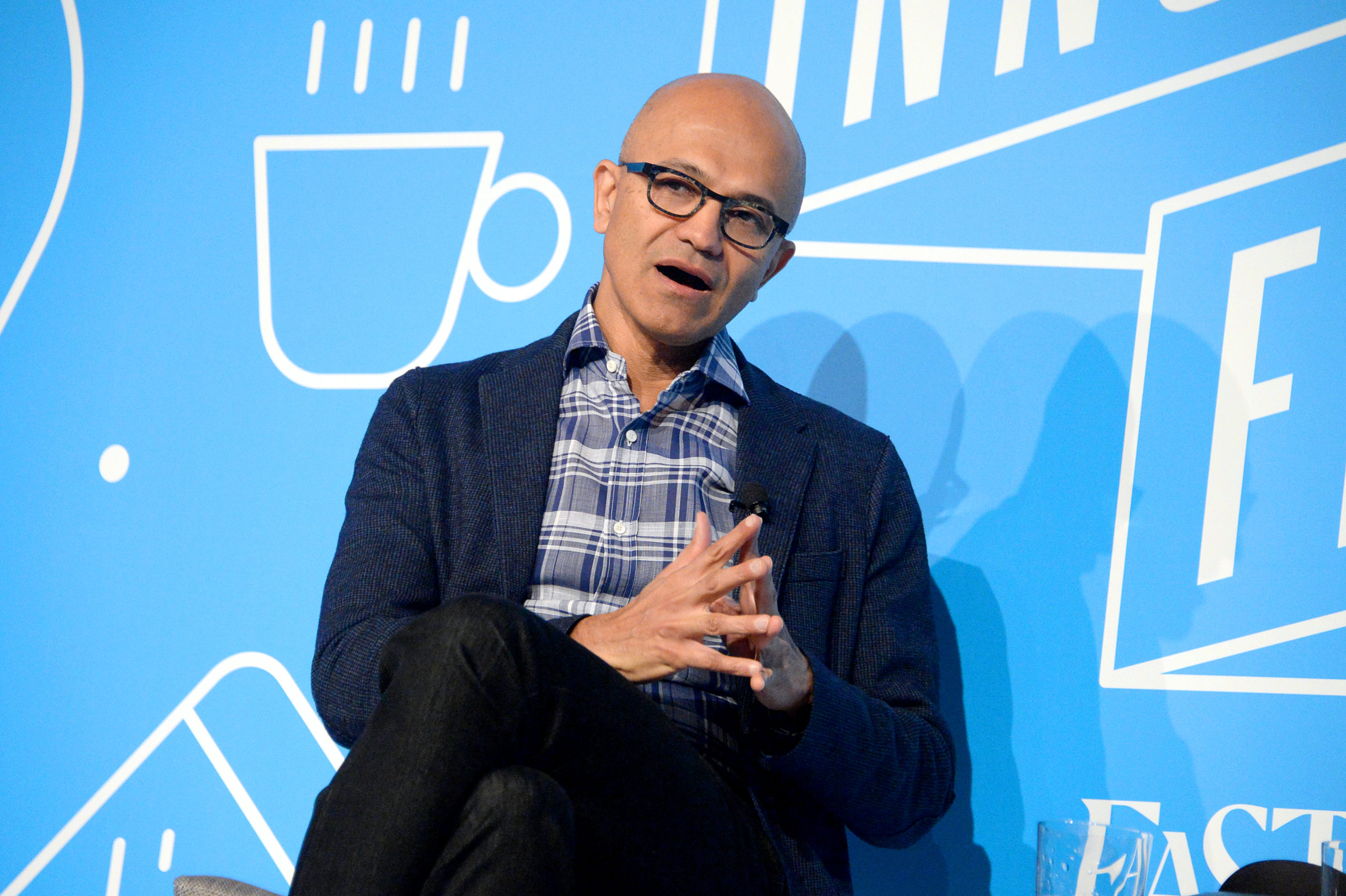 Satya Nadella speaks on stage at the "A Conversation with Microsoft's Satya Nadella" panel at the on November 07, 2019 in New York City. (Photo by Brad Barket/Getty Images for Fast Company)