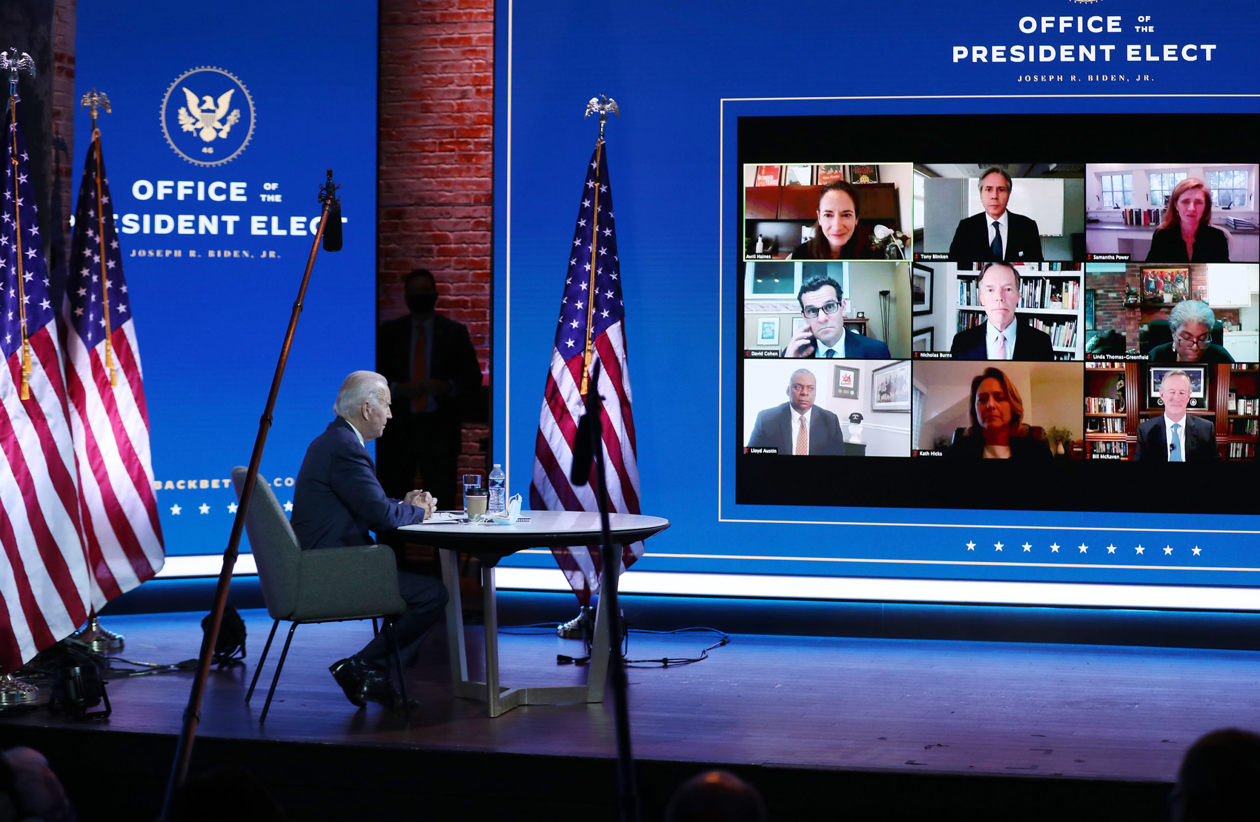 Joe Biden receives a briefing on national security in a Zoom meeting with advisors. (Joe Raedle/Getty Images)