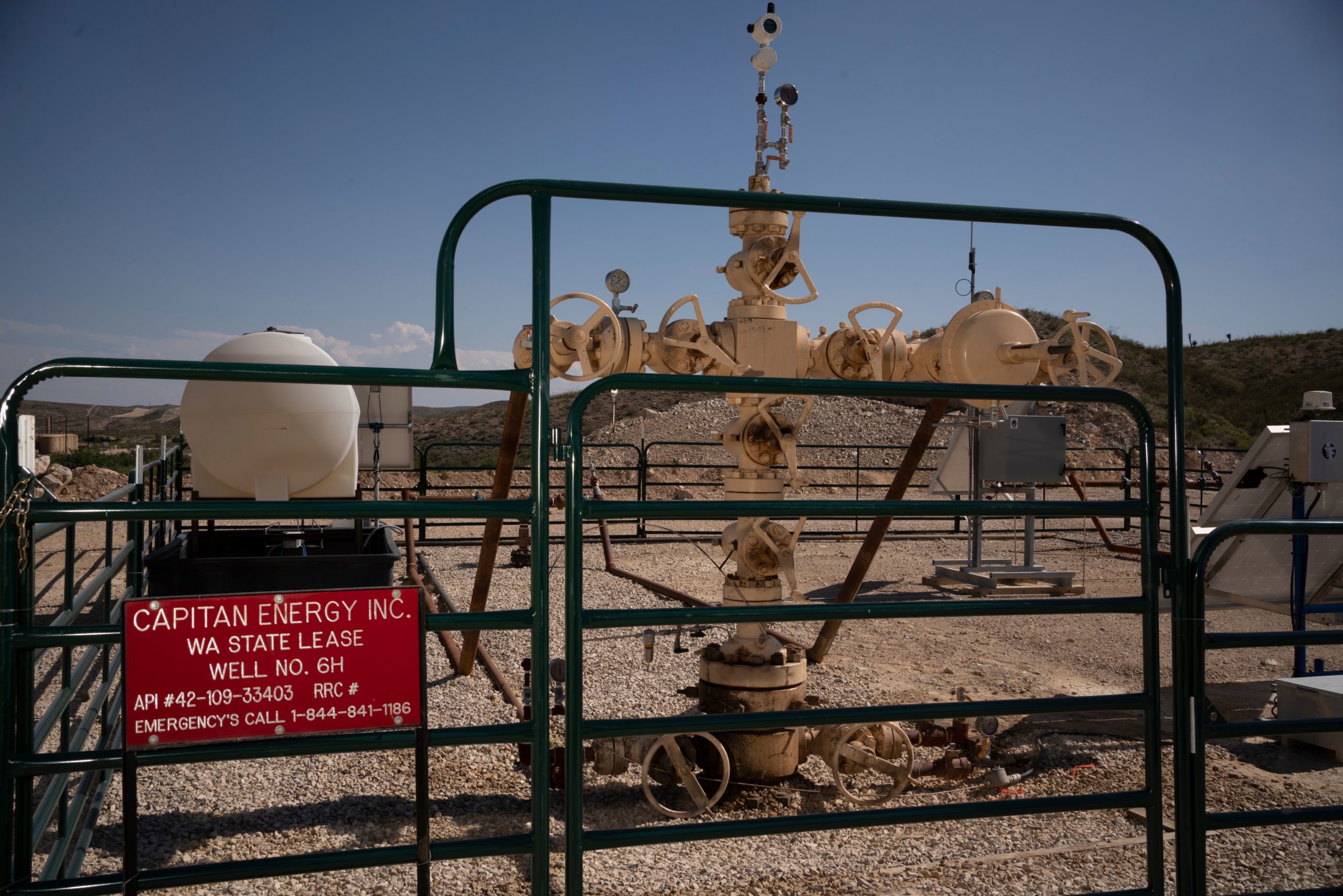The base of device which is installed at the top of a fracking well is pictured at Capitan Energy on May 7, 2020 in Culberson County, Texas. (Paul Ratje/AFP via Getty Images)