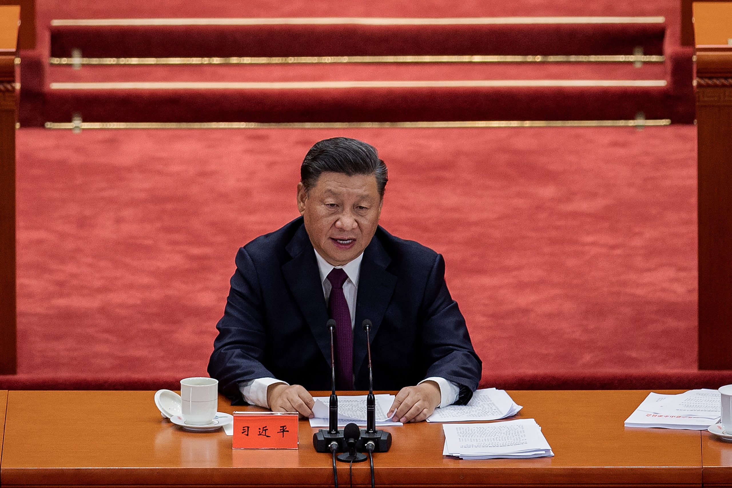Chinese president xi jinping (c) delivers a speech during a ceremony to honour people who fought against the covid-19 coronavirus pandemic, at the great hall of the people in beijing on september 8, 2020. (photo by nicolas asfouri / afp) (photo by nicolas asfouri/afp via getty images)