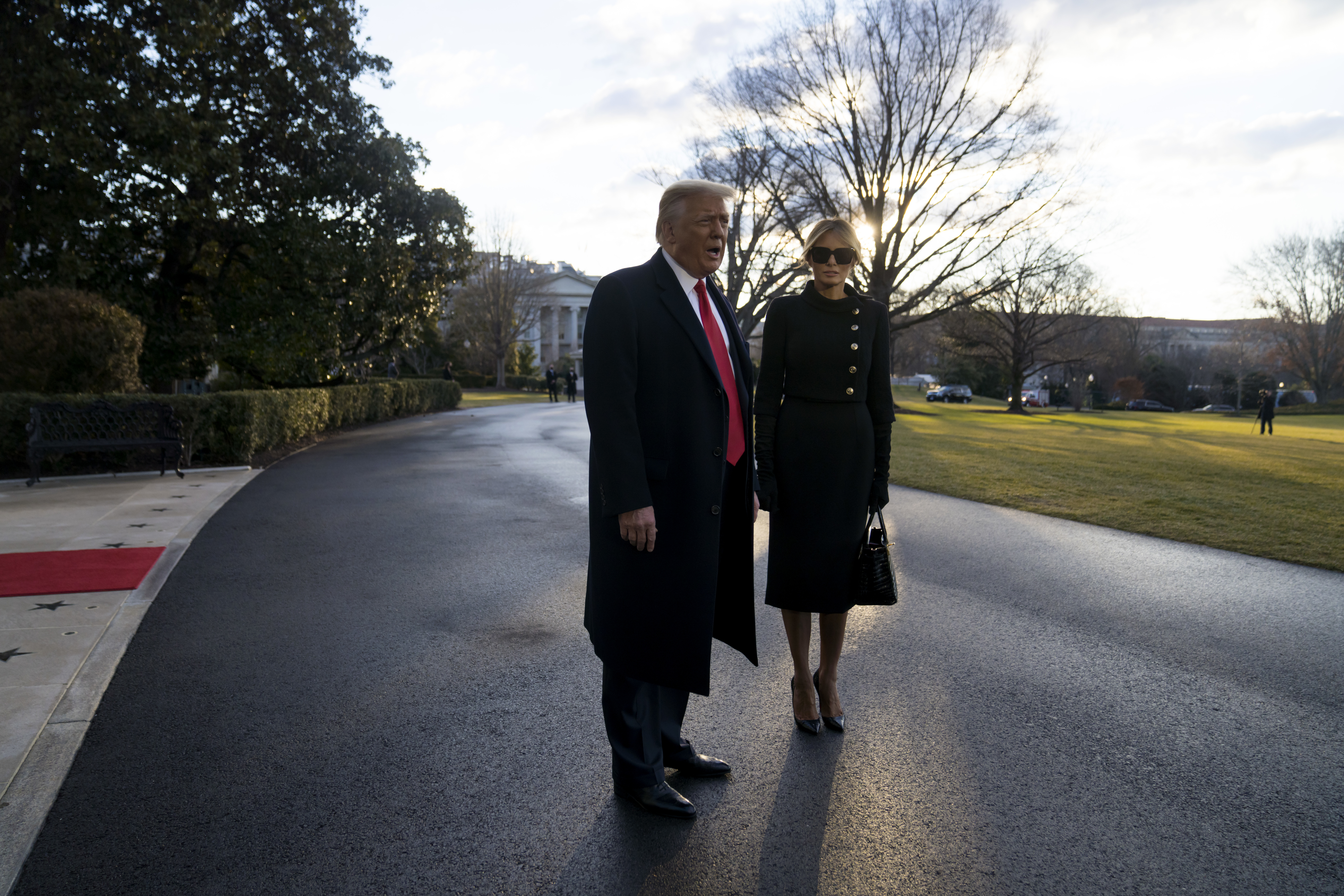 WASHINGTON, DC - JANUARY 20: President Donald Trump and first lady Melania Trump prepare to depart the White House on January 20, 2021 in Washington, DC. (Eric Thayer/Getty Images)