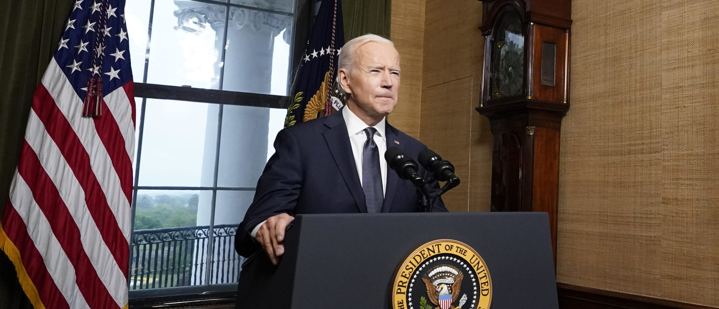 WASHINGTON, DC - APRIL 14: U.S. President Joe Biden speaks from the Treaty Room in the White House about the withdrawal of U.S. troops from Afghanistan on April 14, 2021 in Washington, DC. President Biden announced his plans to pull all remaining U.S. troops out of Afghanistan by September 11, 2021 in a final step towards ending America’s longest war. (Photo by Andrew Harnik-Pool/Getty Images)