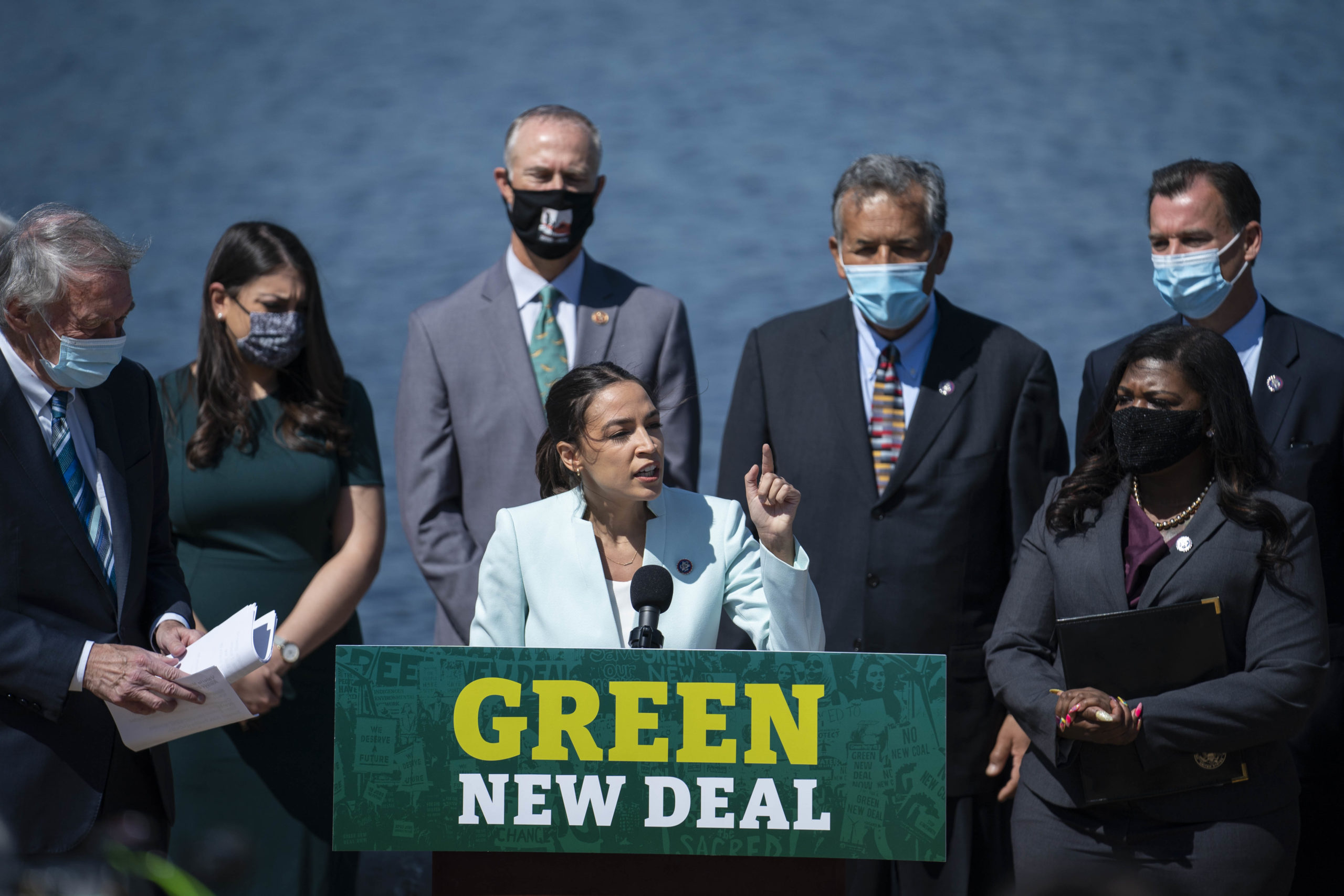 WASHINGTON, DC - APRIL 20: Rep. Alexandria Ocasio-Cortez (D-NY) speaks during a news conference held to re-introduce the Green New Deal at the West Front of the U.S. Capitol on April 20, 2021 in Washington, DC. The news conference was held ahead of Earth Day later this week. (Photo by Sarah Silbiger/Getty Images)