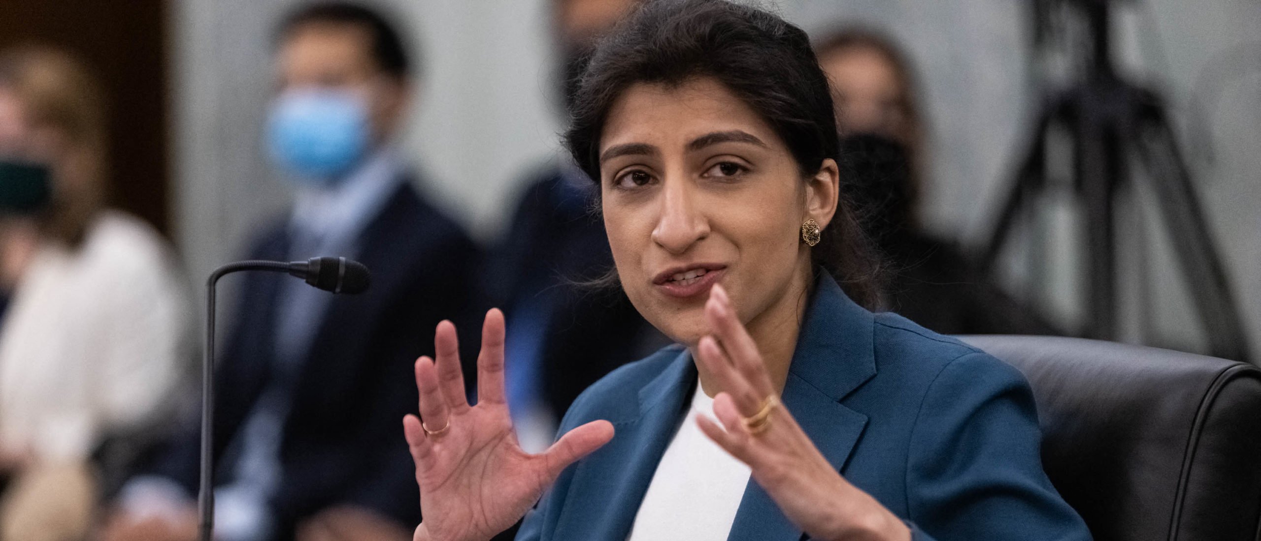 FTC Commissioner nominee Lina M. Khan testifies during a Senate Committee on Commerce, Science, and Transportation confirmation hearing on Capitol Hill in Washington, DC, April 21, 2021. (Photo by Graeme Jennings / POOL / AFP) (Photo by GRAEME JENNINGS/POOL/AFP via Getty Images)