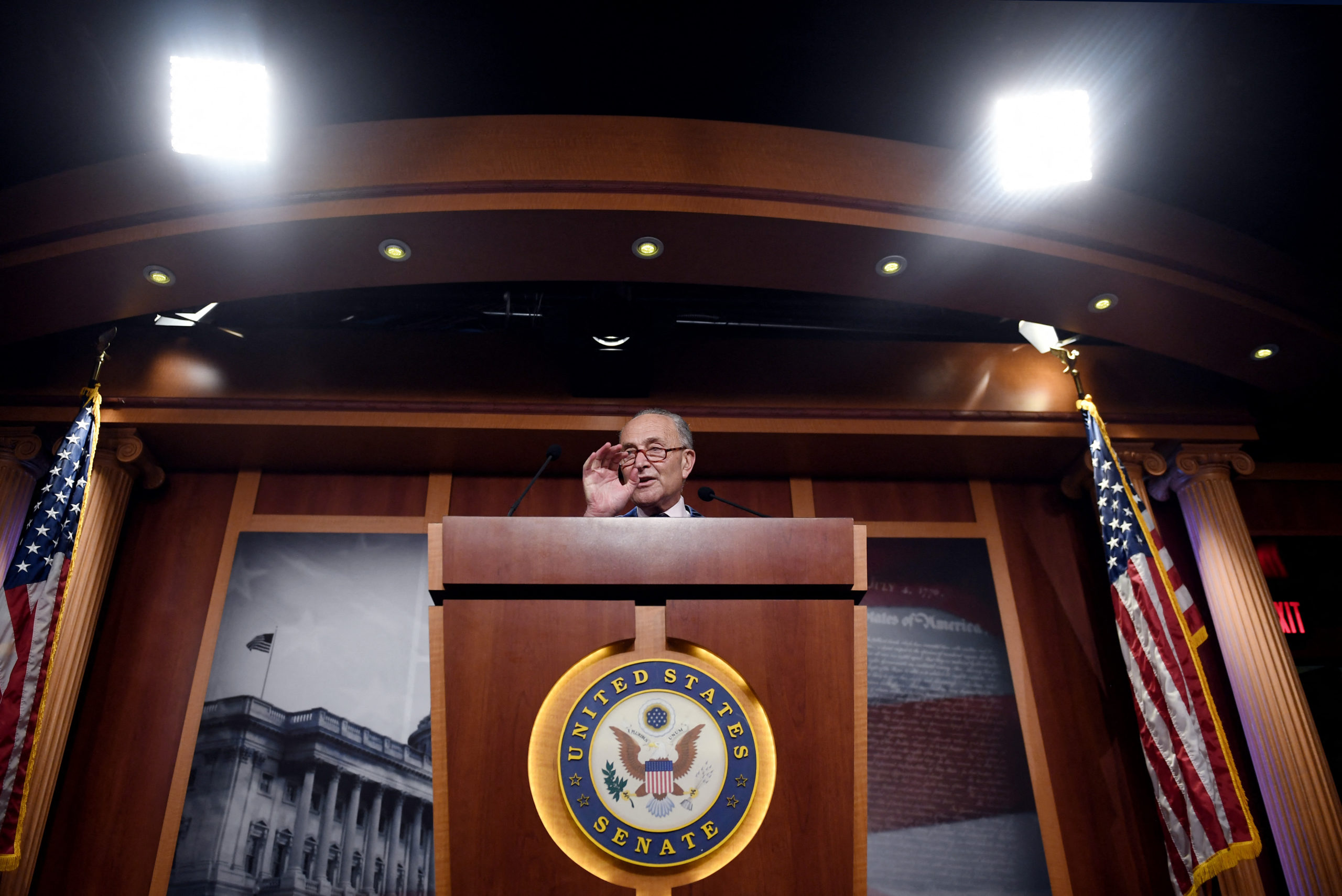 Senate Majority Leader Chuck Schumer speaks to the press on Aug. 11. (Olivier Douliery/AFP via Getty Images)