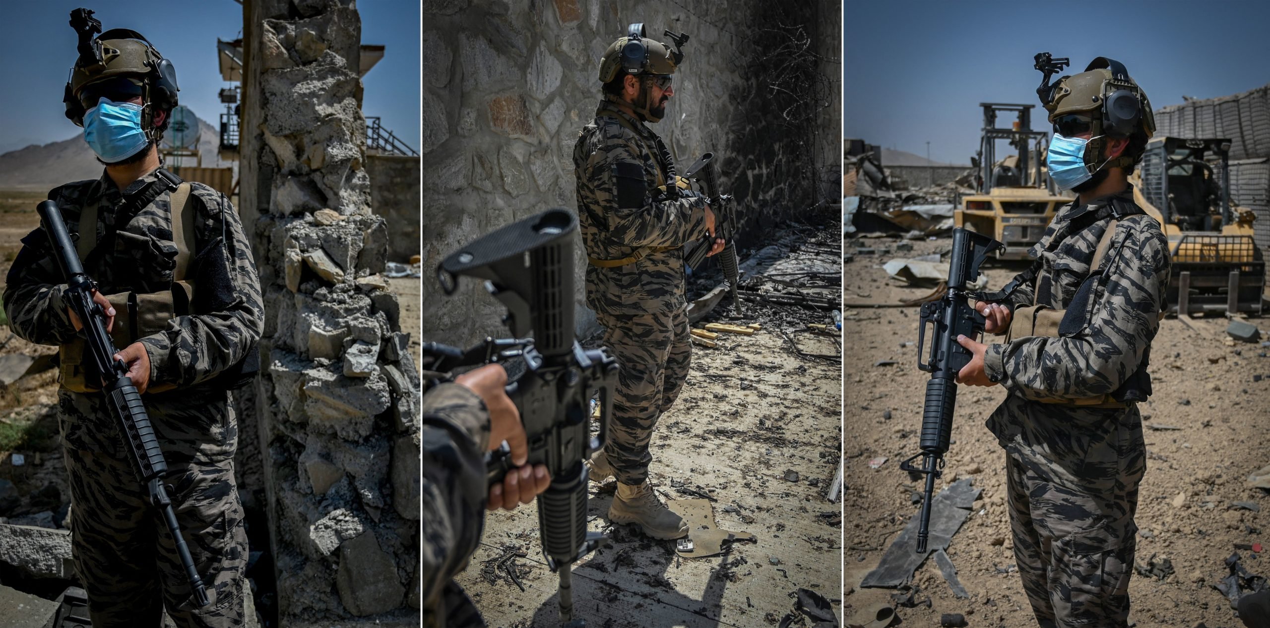 A compilation of photos shows members of the Taliban Badri 313 military unit wearing U.S. gear standing guard outside the debris of the destroyed Central Intelligence Agency base in Kabul, Afghanistan. (Aamir Qureshi/AFP via Getty Images)