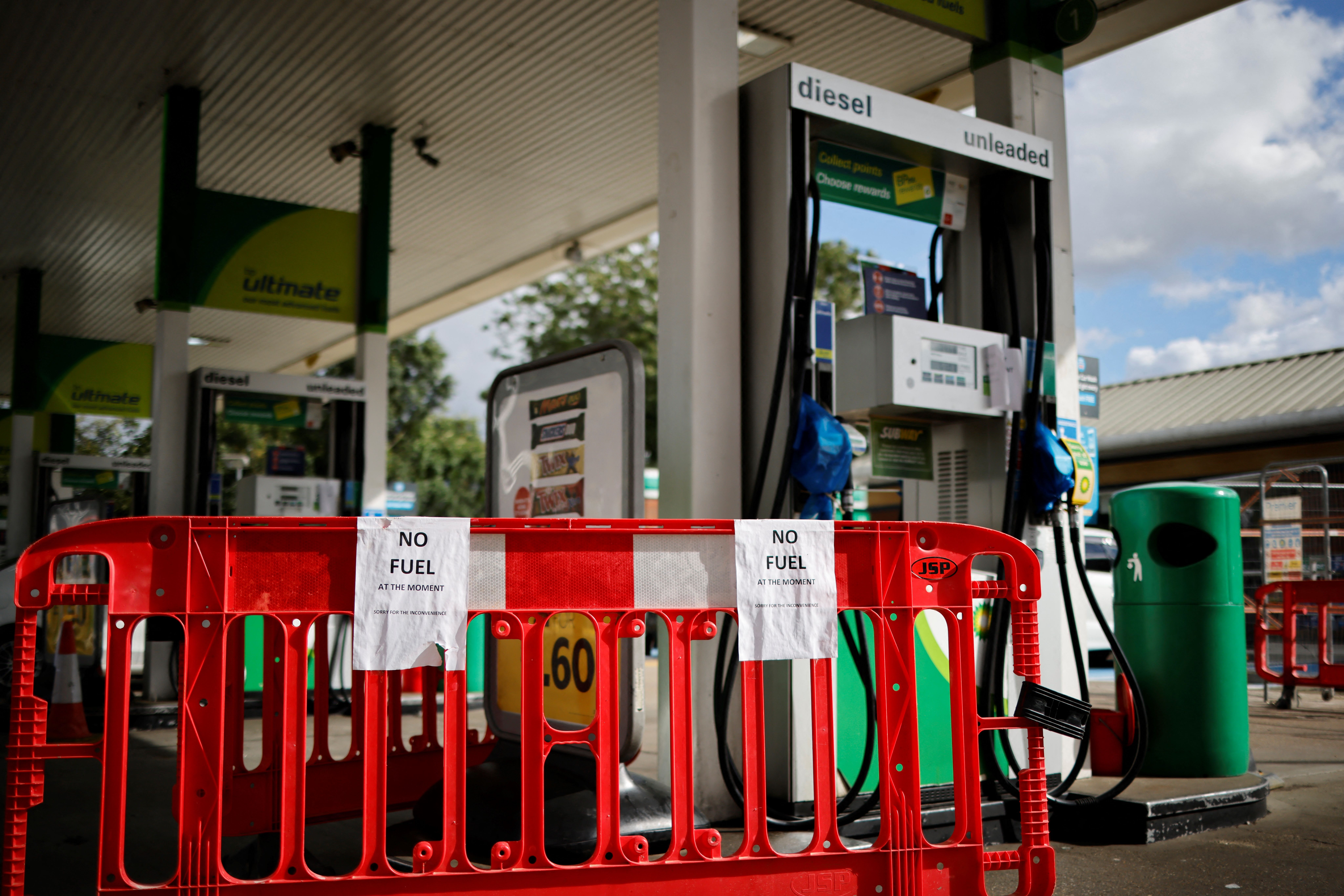 'No fuel' signs are displayed at a gas station in London, U.K. on Wednesday. (Tolga Akmen/AFP via Getty Images)