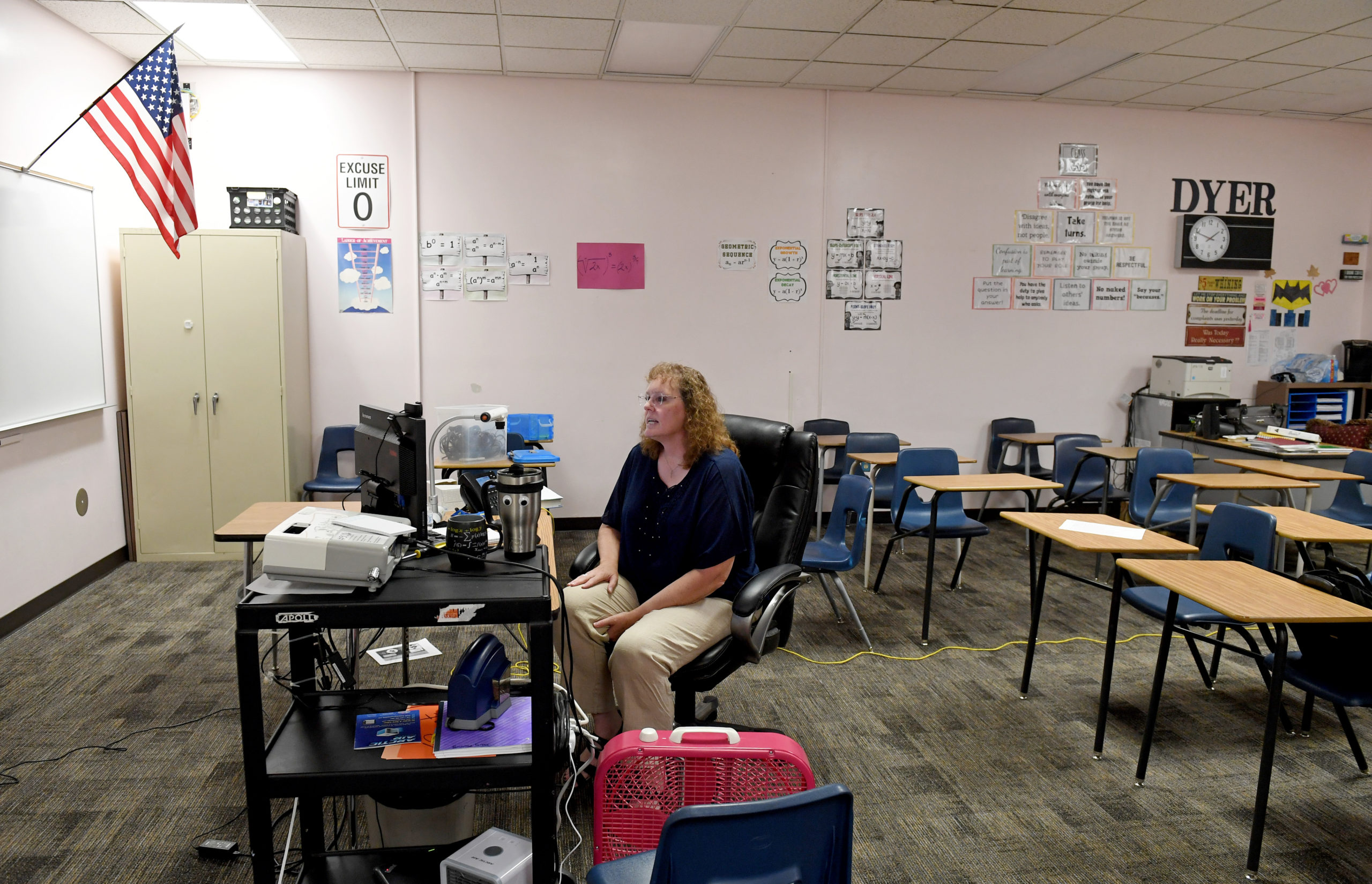 LAS VEGAS, NEVADA - AUGUST 24: Dana Dyer teaches an online seventh grade algebra class from her empty classroom at Walter Johnson Junior High School on the first day of distance learning for the Clark County School District amid the spread of the coronavirus (COVID-19) on August 24, 2020 in Las Vegas, Nevada. CCSD, the fifth-largest school district in the United States with more than 315,000 students, decided to start the school year with a full-time distance education instructional model as part of its Reopening Our Schools Plan due to health and safety concerns over the pandemic. (Photo by Ethan Miller/Getty Images)