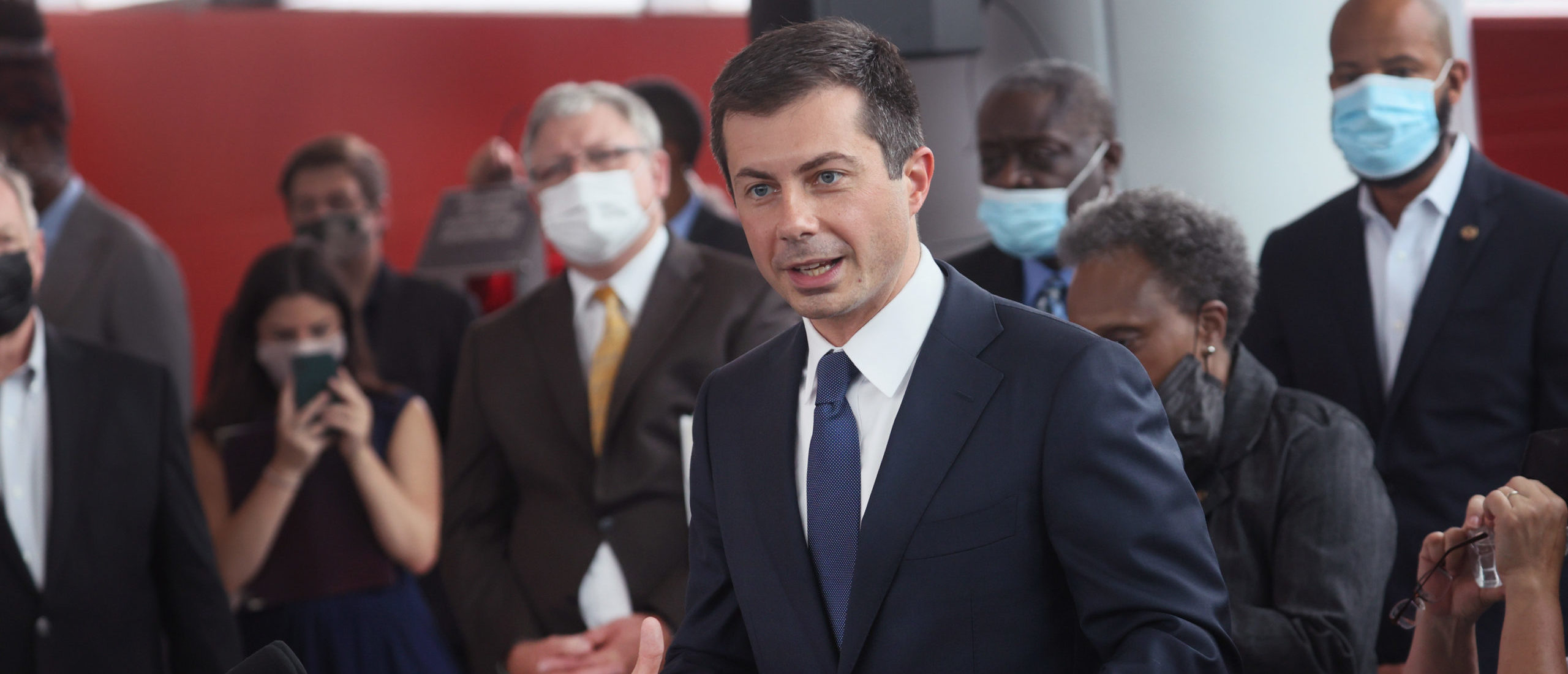 Transportation Secretary Pete Buttigieg holds a press conference on July 16 in Chicago, Illinois. (Scott Olson/Getty Images)
