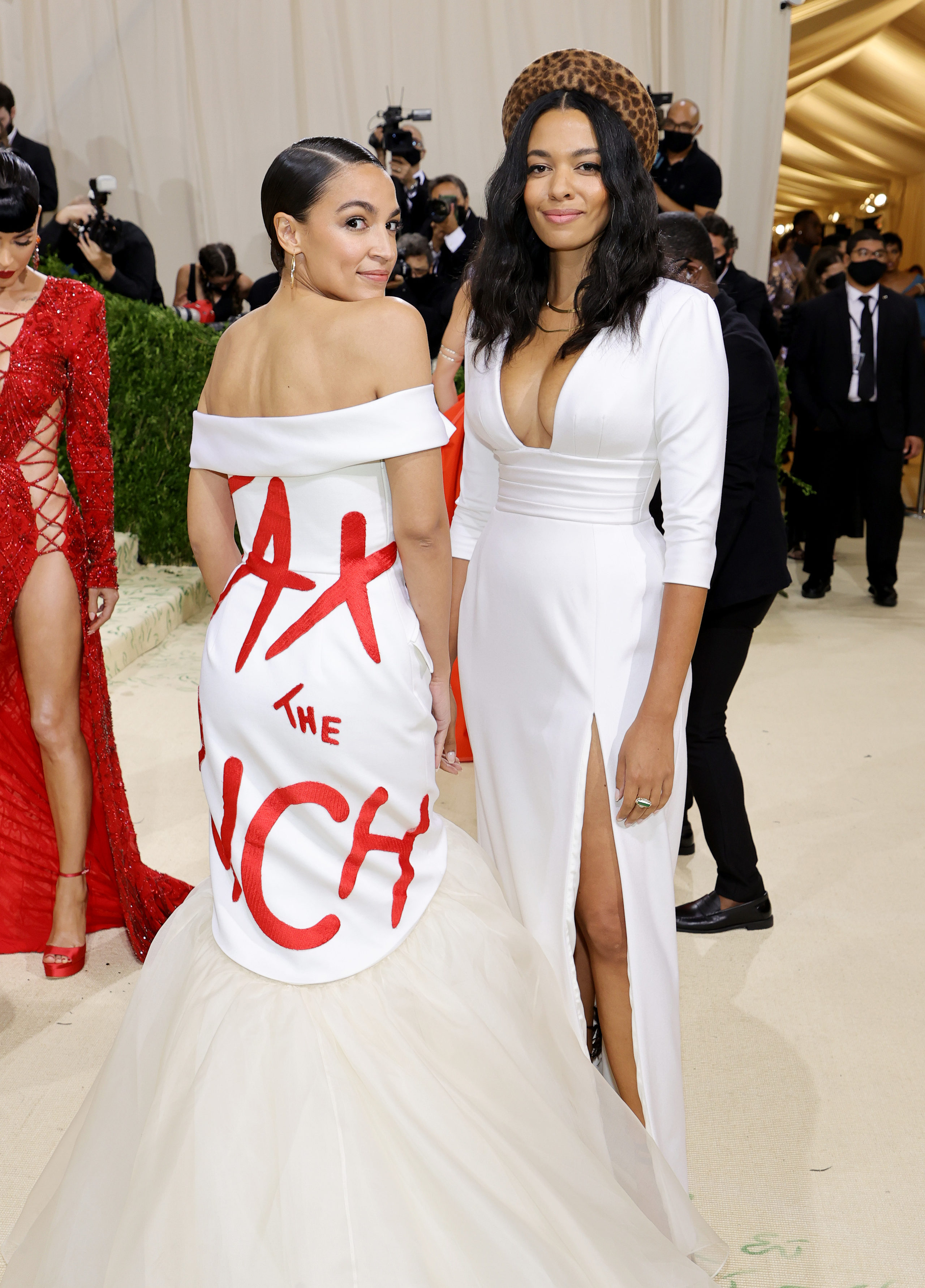 Alexandria Ocasio-Cortez (L) and Aurora James attend The 2021 Met Gala Celebrating In America: A Lexicon Of Fashion at Metropolitan Museum of Art on September 13, 2021, in New York City. (Mike Coppola/Getty Images)