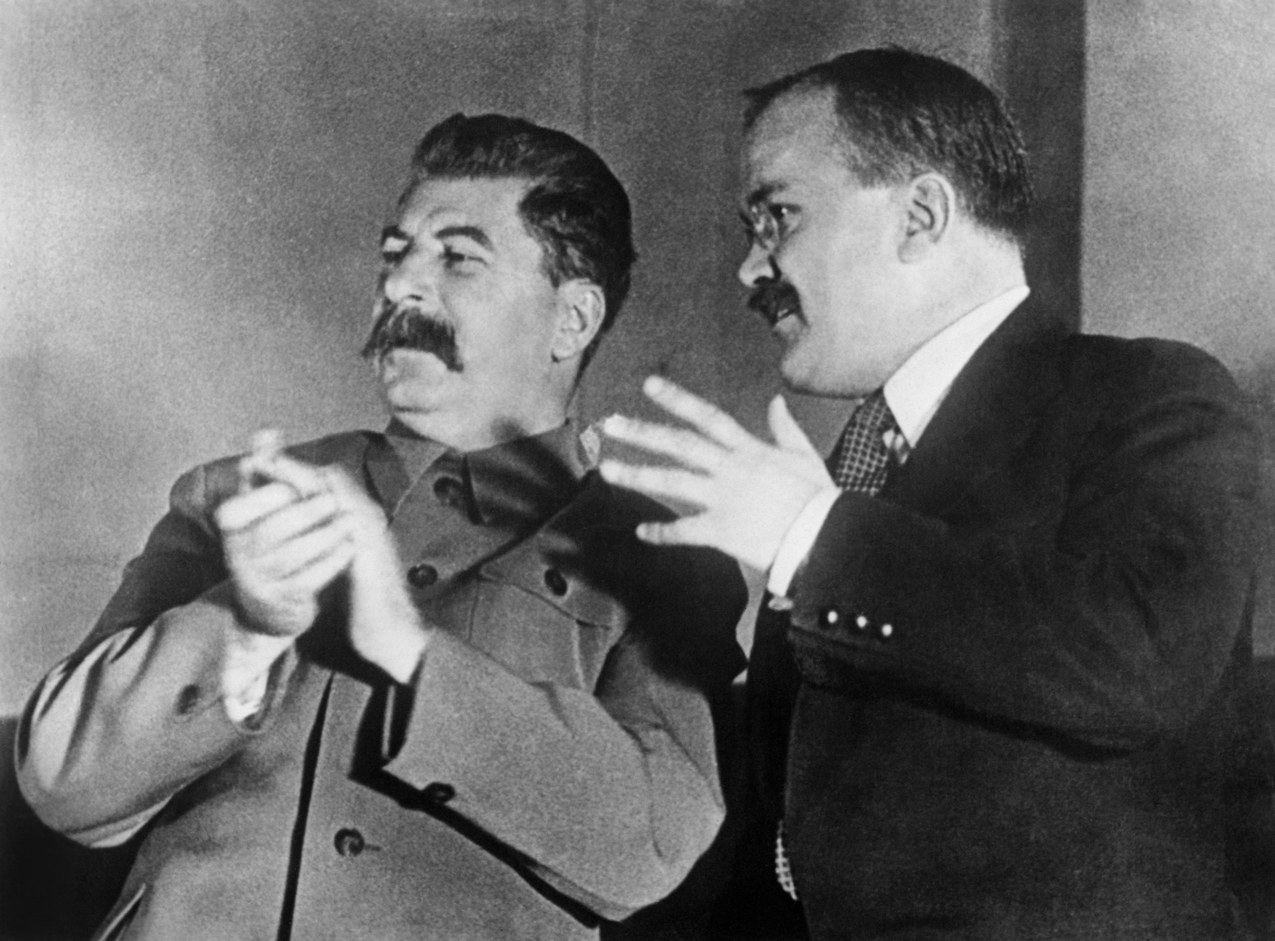 Picture taken in the 1930s in Moscow of Vyacheslav M. Molotov (R), Soviet Foreign Minister (1939-49,1953-6) and an uncompromising champion of world Sovietism, Yossif V. Dzhugashvili known as Josef Stalin, Soviet head of state ("man of steel", 1879-1953). AFP PHOTO (Photo credit should read /AFP via Getty Images)