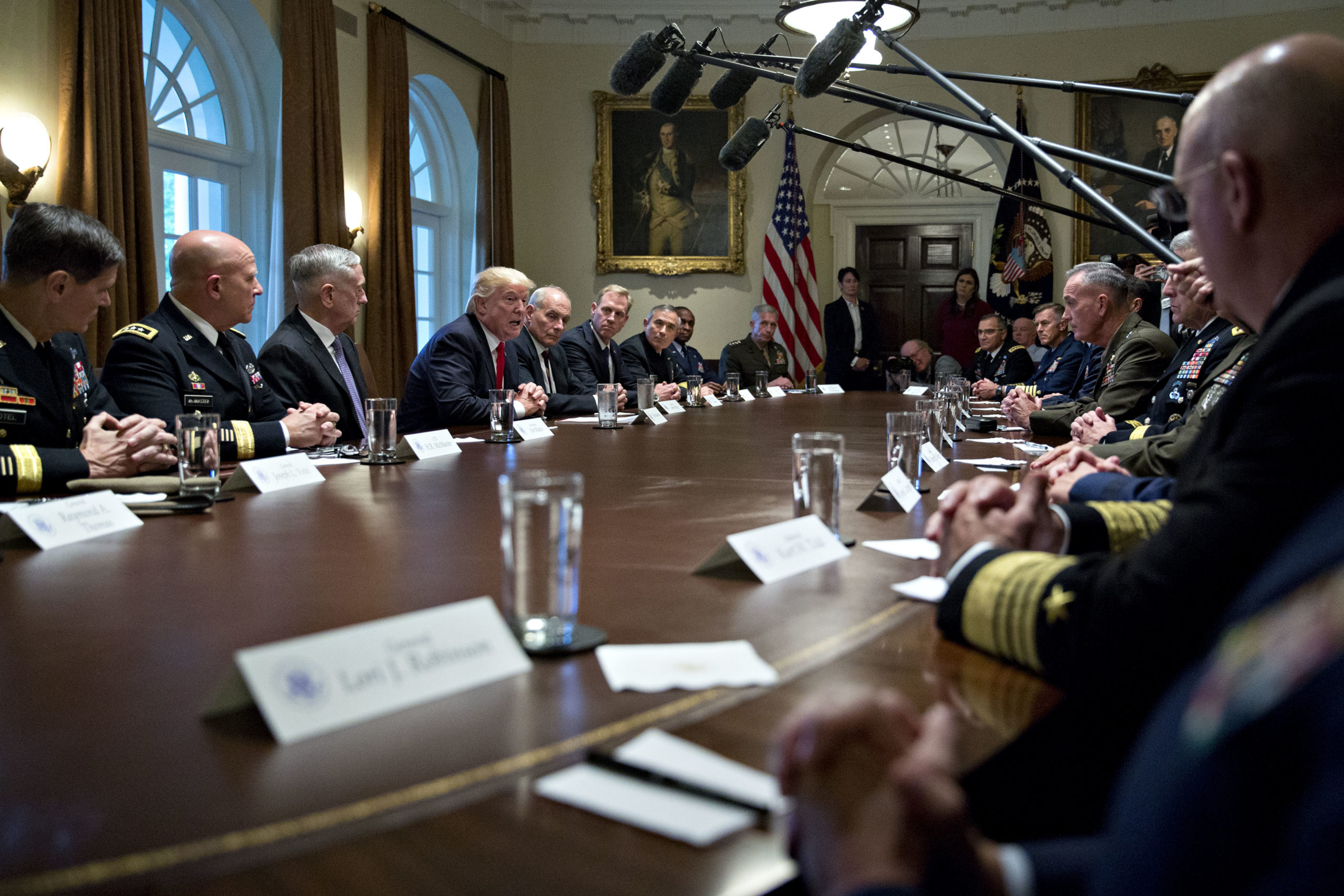 President Donald Trump discusses Afghanistan with senior military leaders in October 2017. (Andrew Harrer/Pool/Getty Images)