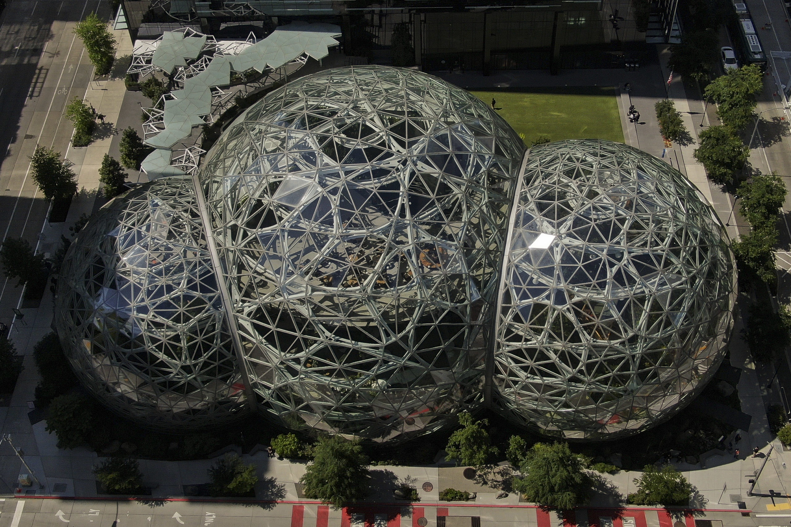 An aerial view of the Spheres at the Amazon.com Inc. headquarters on May 20, 2021 in Seattle, Washington. (Photo by David Ryder/Getty Images)