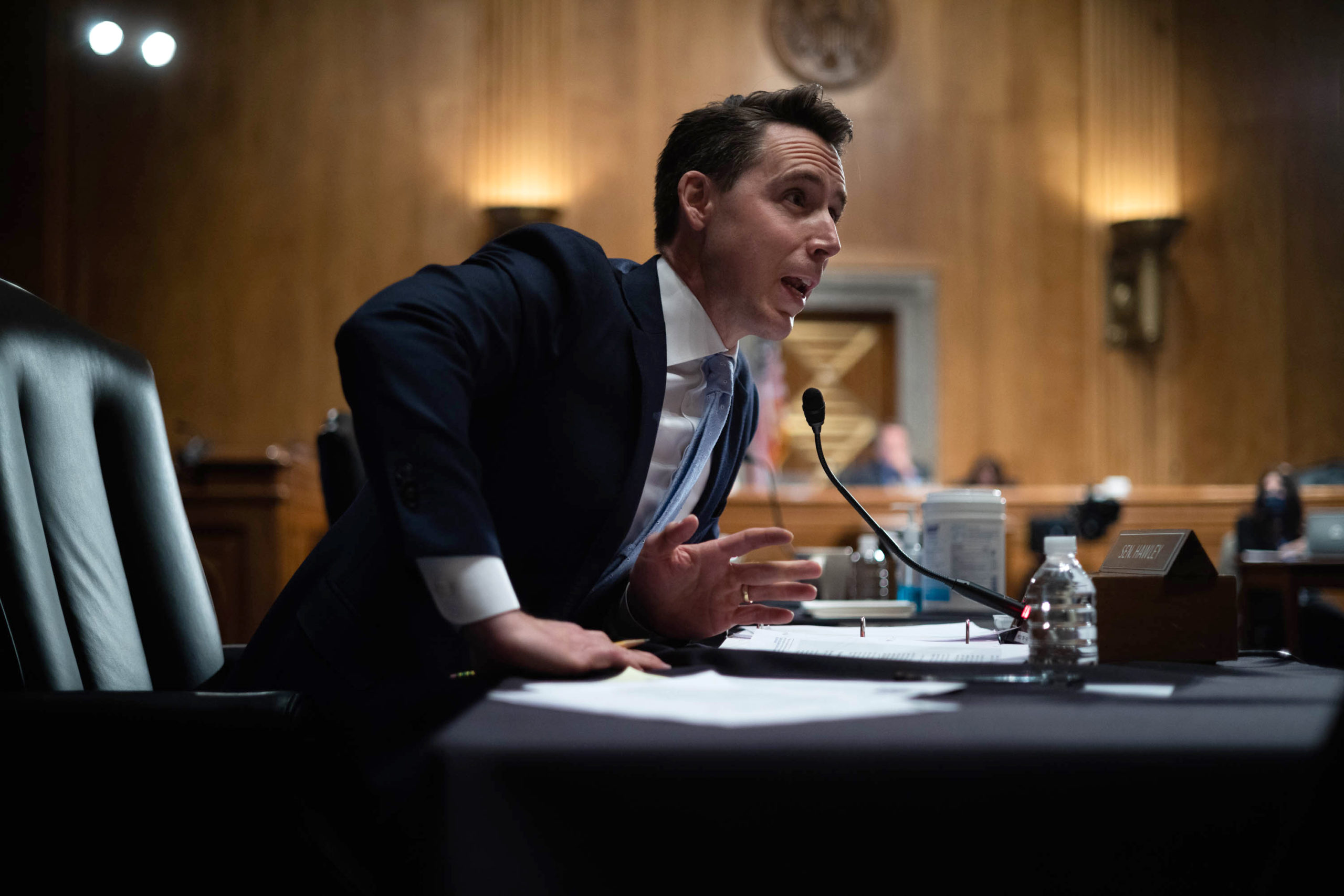 Senator Josh Hawley (R-MO) questions Alejandro Mayorkas, Secretary of Homeland Security, during a Senate Homeland Security and Government Affairs Committee hearing May 13, 2021 on Capitol Hill in Washington, DC. (Photo by Graeme Jennings-Pool/Getty Images)
