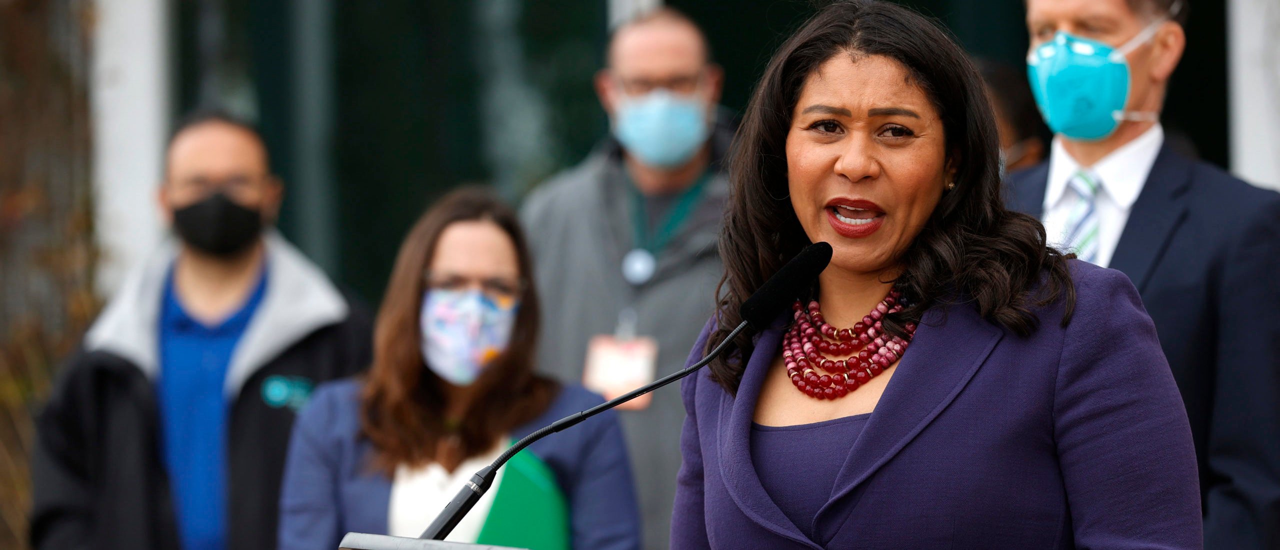 San Francisco Mayor London Breed speaks during a news conference outside of Zuckerberg San Francisco General Hospital with essential workers to mark the one year anniversary of the COVID-19 lockdown on March 17, 2021 in San Francisco, California. (Photo by Justin Sullivan/Getty Images)