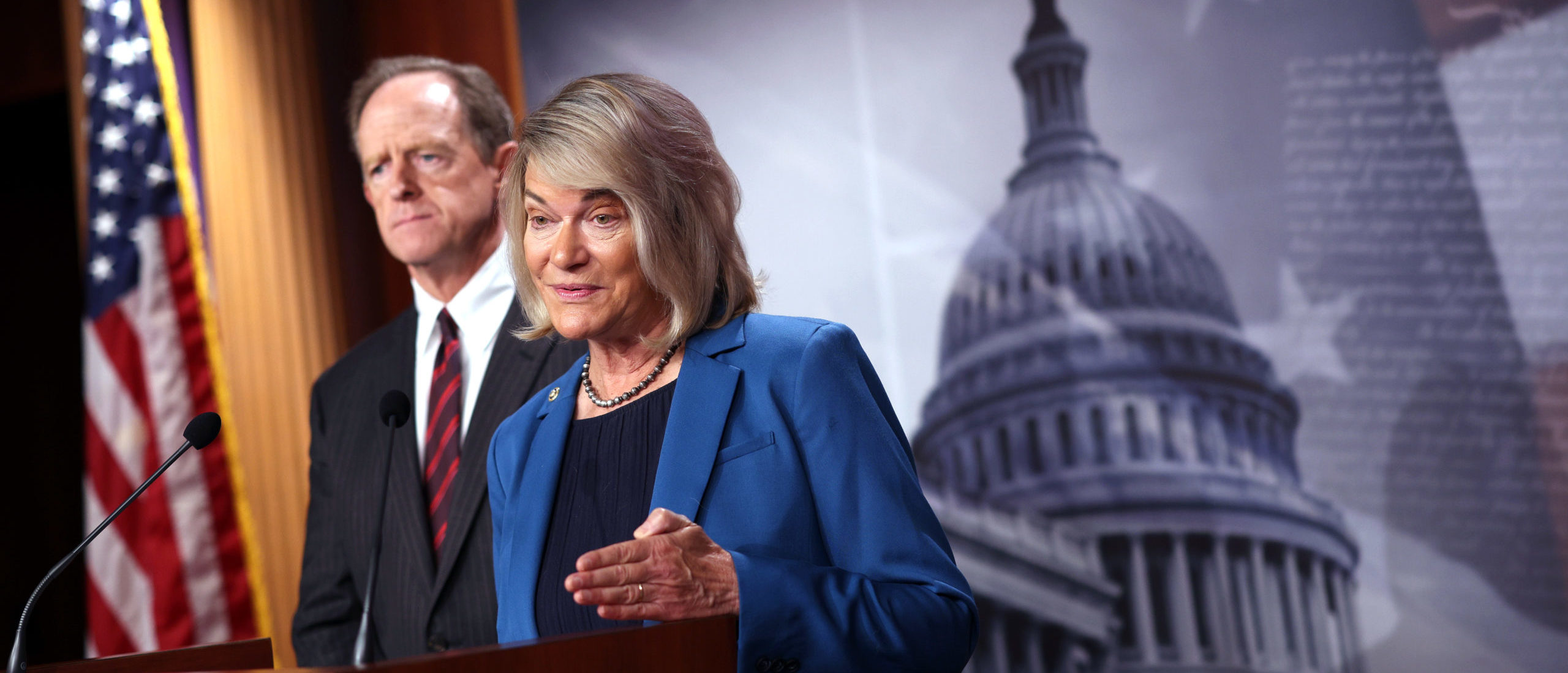 Sen. Cynthia Lummis (R-WY), joined by Sen. Pat Toomey (R-PA), speaks on a cryptocurrency amendment to the bipartisan infrastructure bill, at the U.S. Capitol on August 09, 2021 in Washington, DC. The amendment would aim to narrow the digital asset reporting requirement to brokers of cryptocurrency in the infrastructure bill. (Photo by Kevin Dietsch/Getty Images)