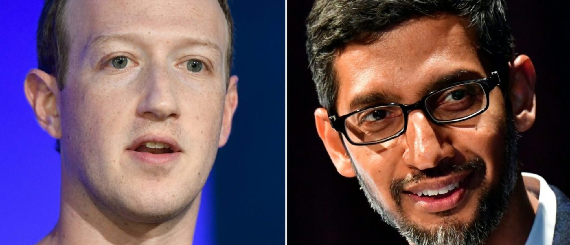 Facebook CEO Mark Zuckerberg alongside Google CEO Sundar Pichai. (Photo by BERTRAND GUAY,TOBIAS SCHWARZ,ANGELA WEISS,MARK RALSTON/AFP via Getty Images)