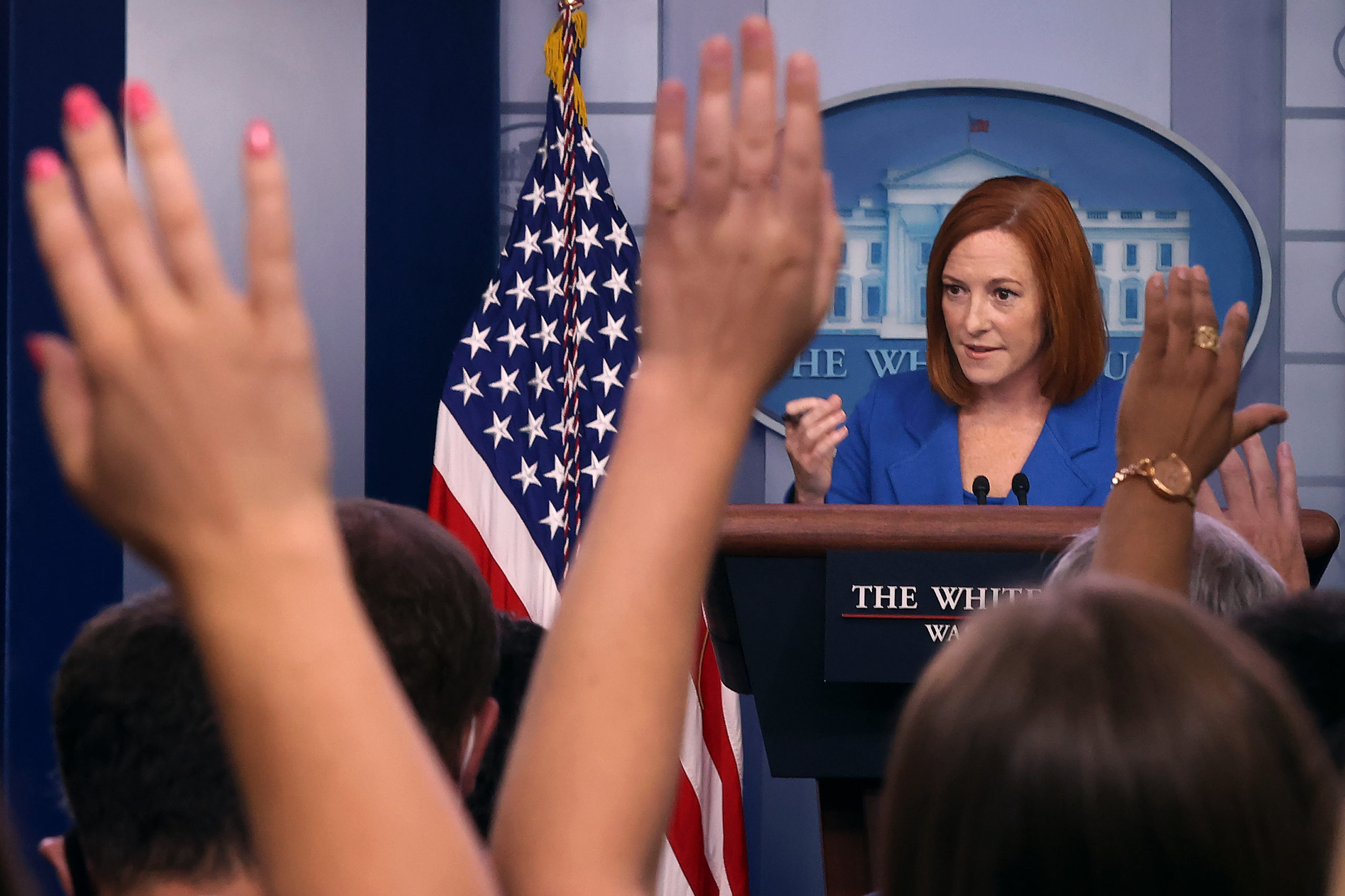 WASHINGTON, DC - AUGUST 31: White House Press Secretary Jen Psaki talks to reporters during the daily news conference in the Brady Press Briefing Room at the White House on August 31, 2021 in Washington, DC. Coming on the heels of President Joe Biden's speech about the withdrawal of military forces from Afghanistan, Psaki's news conference included questions related to the Taliban takeover of the country. (Photo by Chip Somodevilla/Getty Images)